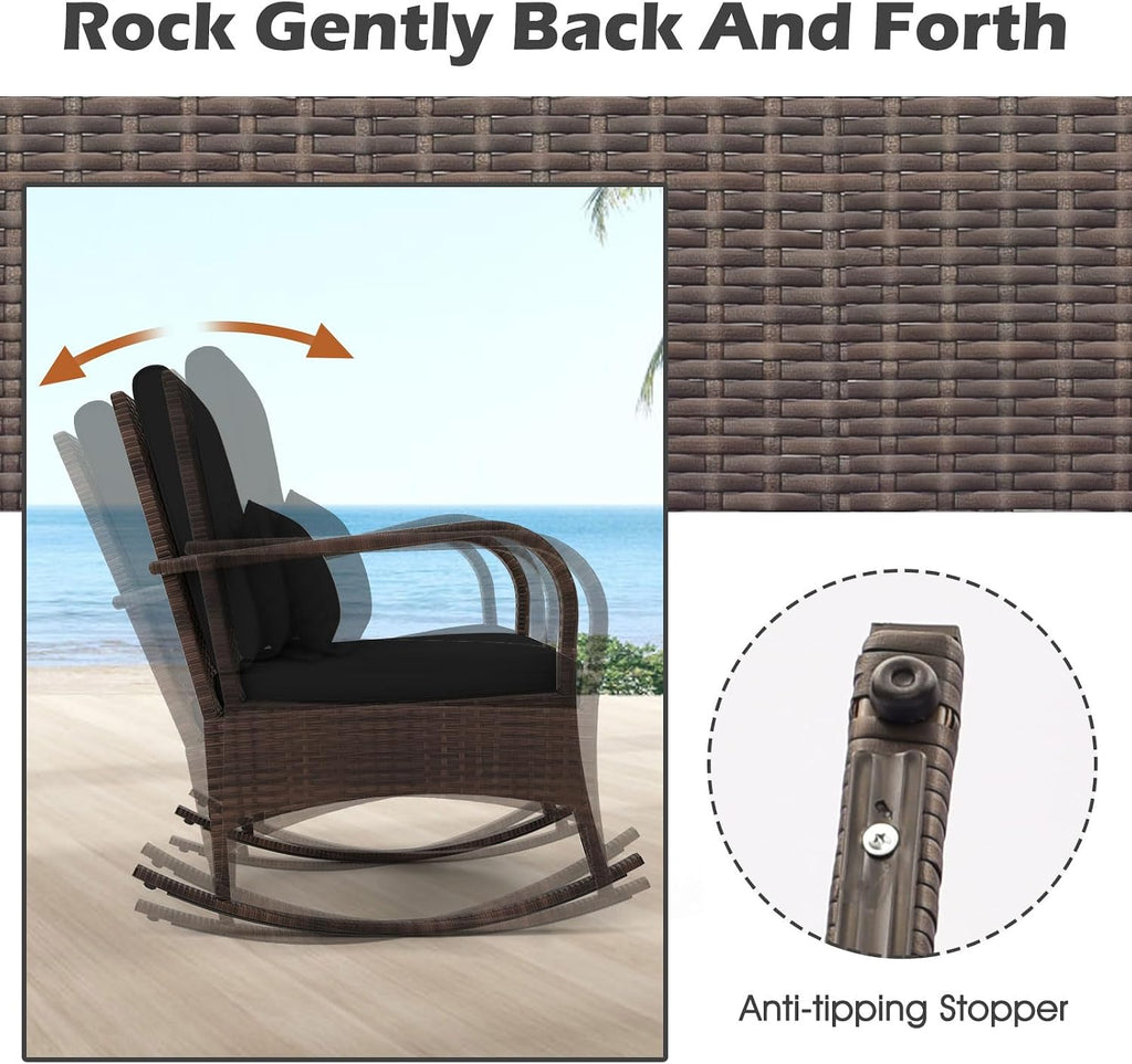ORALNER 3 Pieces Patio Furniture Set, Outdoor Wicker Rocking Chairs with Cushions, Pillows, Glass Coffee Table, Rattan Bistro Rocker Set for Balcony Front Porch Poolside Garden Deck Yard (Black)
