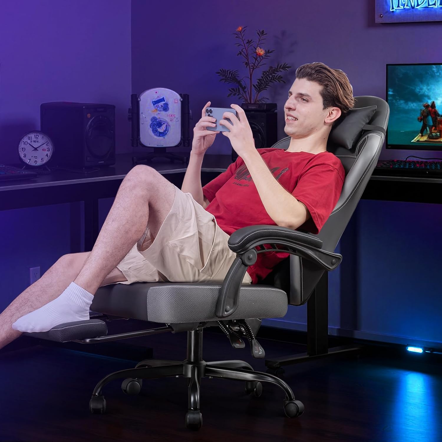 GTPLAYER Gaming Chair with Footrest, Recliner Chair with Headrest & Lumbar Support, Linkage Armrest,Ergonomic Gaming Chair, High Back Office Home, Grey