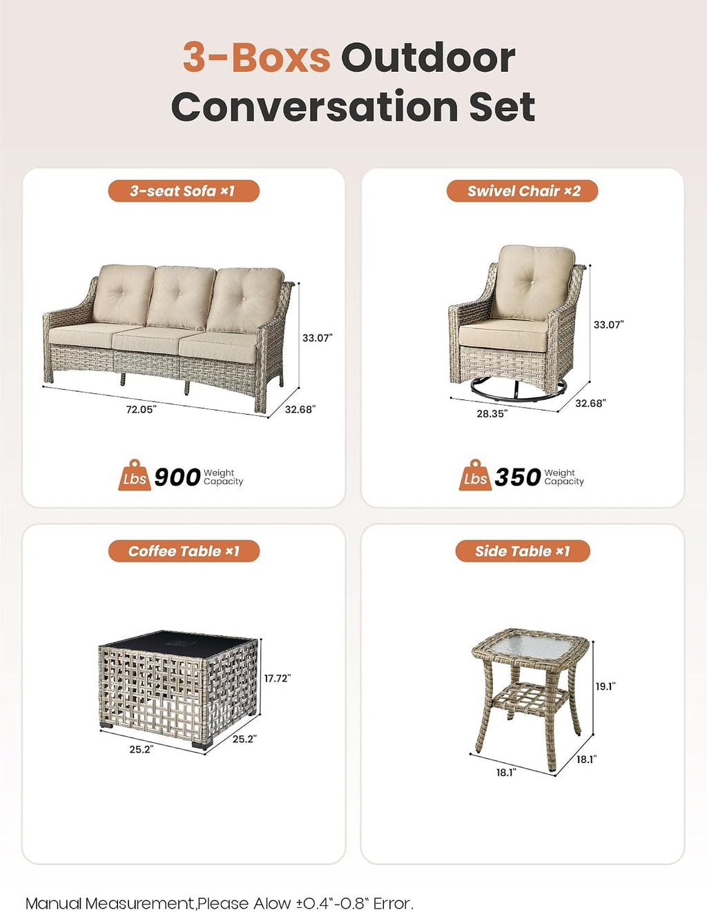 ovios 5 Piece Outdoor Patio Furniture with 3 Seat Sofa,Rattan Wicker Coversation Set with Swivel Rocking Chair,Balcony Sofa Set with Shiny Table for Outside Porch Backyard Pool, Beige