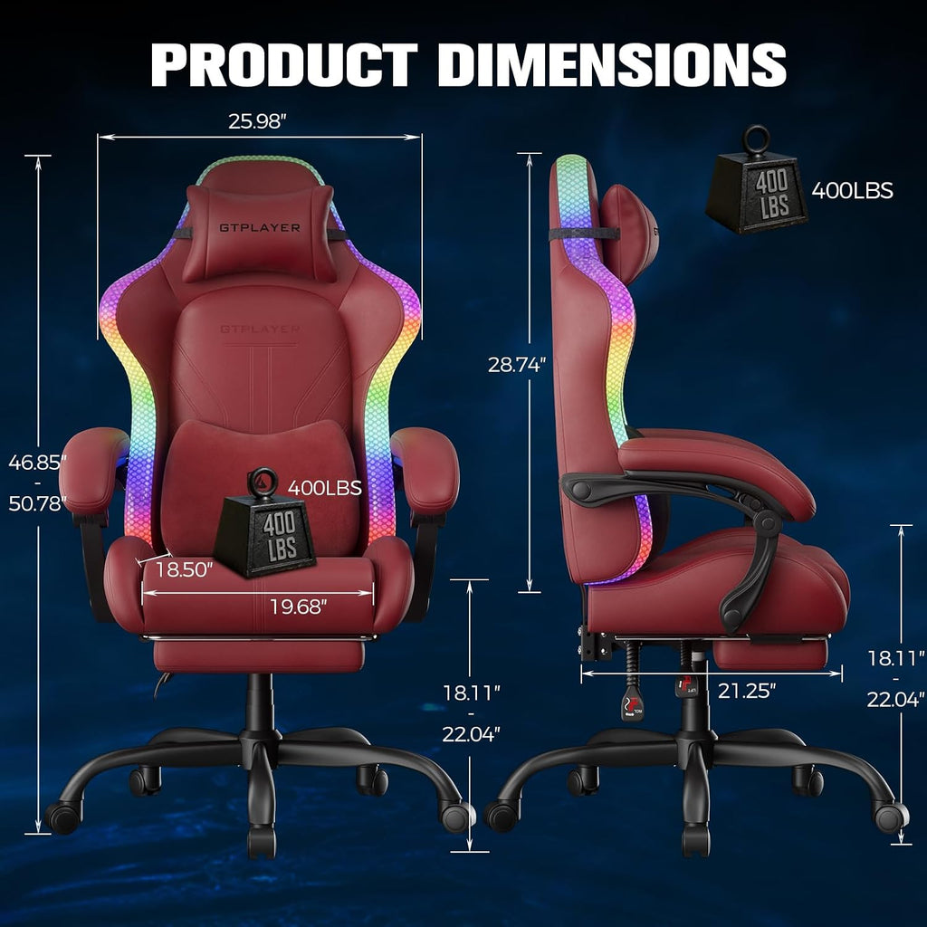 GTPLAYER Gaming Chair, Computer Chair with RGB LED Lights, High Back Ergonomic Chair for Adults with Footrest, Reclining Office Chairs, Linkage Armrest, Wine Red