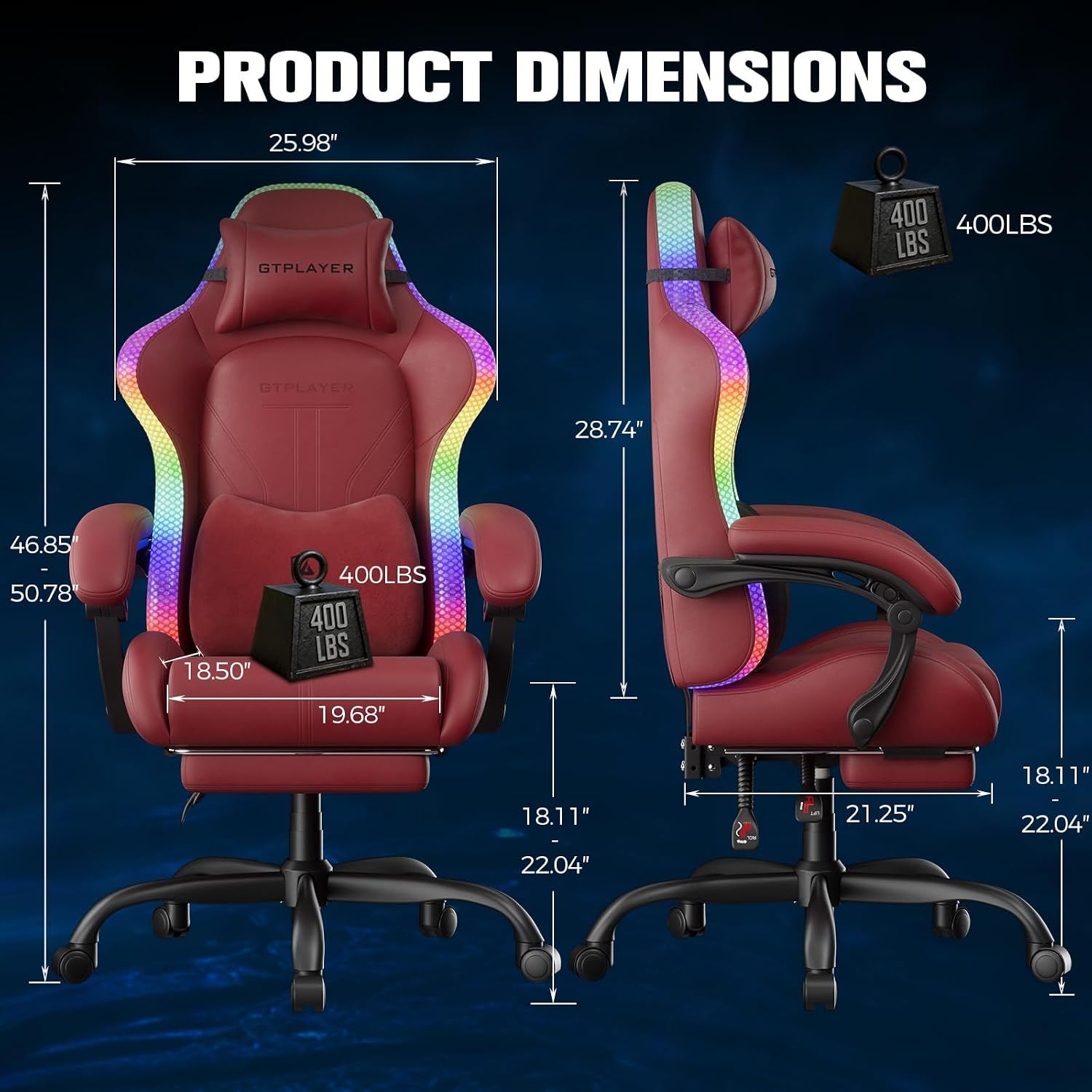 GTPLAYER Gaming Chair, Computer Chair with RGB LED Lights, High Back Ergonomic Chair for Adults with Footrest, Reclining Office Chairs, Linkage Armrest, Wine Red