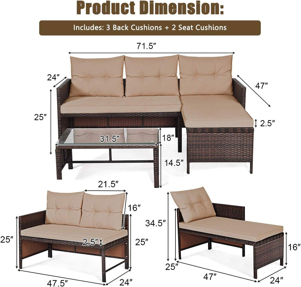 Tangkula Patio Corner Sofa Set 3 Piece, Outdoor Rattan Sofa Set, Includes Lounge Chaise, Loveseat & Coffee Table, Patio Garden Poolside Lawn Backyard Furniture