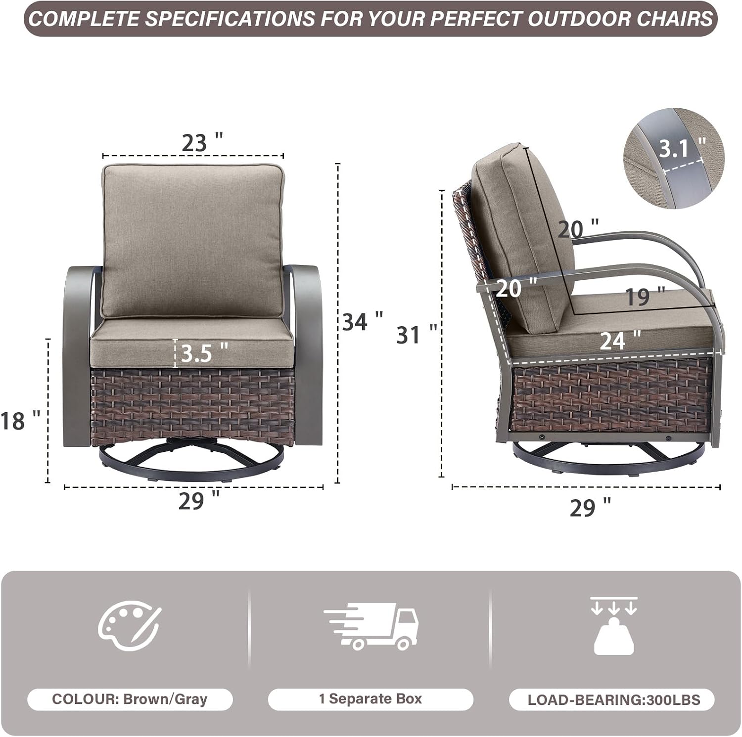 Outdoor Swivel Rocker Patio Chairs Set of 2, Heavy Duty Swivel Rocking Patio Chairs with Wide Metal Armrests, 2 Pieces Patio Furniture Wicker Glider Chairs Set with Removble Cushions for Porch Sunroom