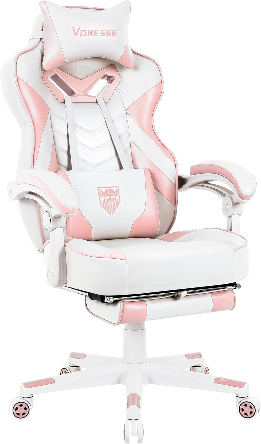 Vonesse Pink Gaming Chair, Big and Tall Gaming Chair with Footrest and Massage, Gaming Chairs for Adults with Lumbar Support, Ergonomic High Back Computer Chair with Pocket Spring Cushion (White/Pink)