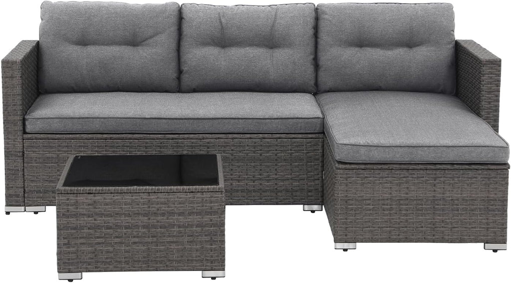 JOIVI 3-Piece Patio Furniture Set, Outdoor Wicker Rattan Sectional Sofa & Patio Couch with Cushions, Tempered Glass Coffee Table, All-Weather Sectional Set for Outdoor Patio, Gray