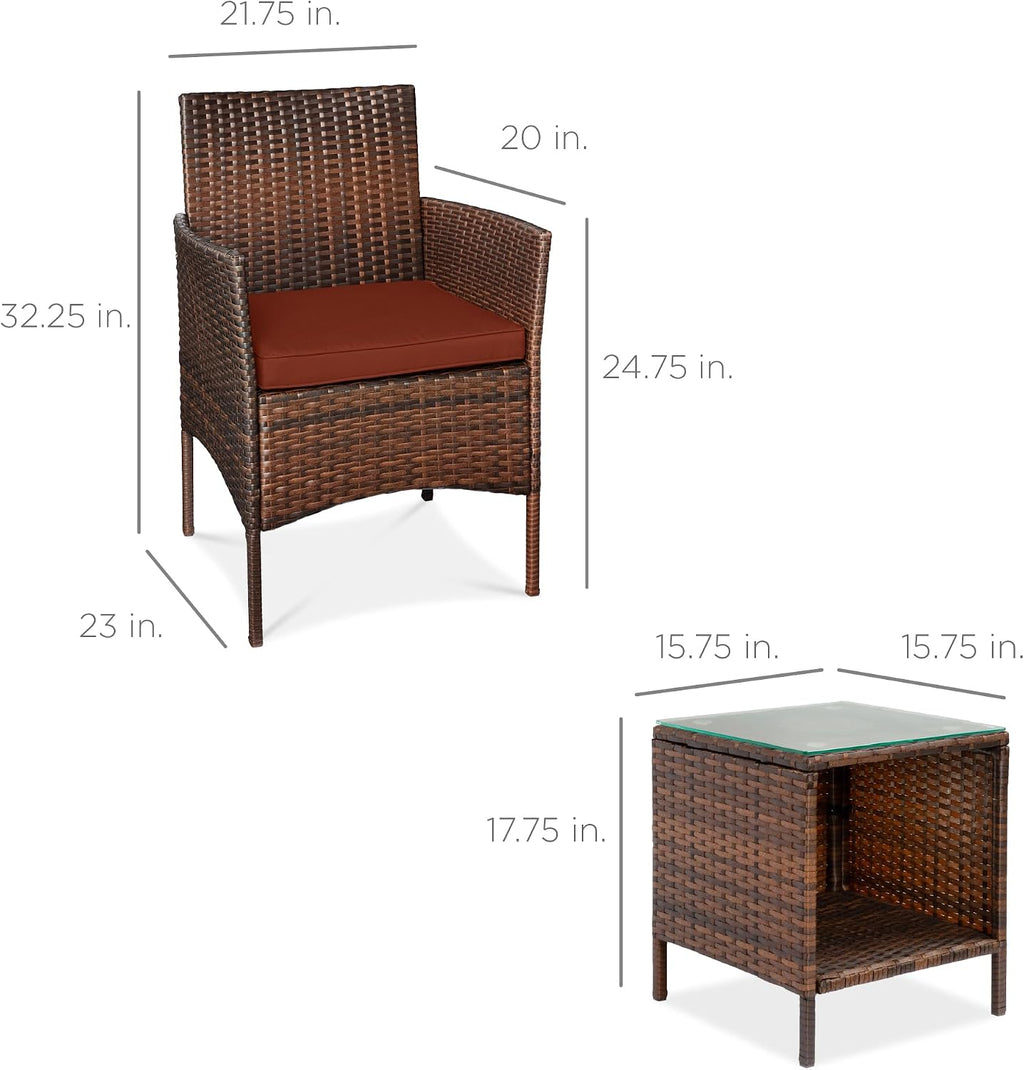 Best Choice Products 3-Piece Outdoor Wicker Conversation Bistro Set, Space Saving Patio Furniture for Garden w/Side Table - Brown/Dark Rust