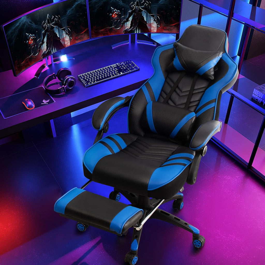 Goplus Gaming Chair, Computer Chair with Footrest and Lumbar Support, Height Adjustable Executive Swivel Rolling Task Chair with 90°-155° Tilt Function (Blue)