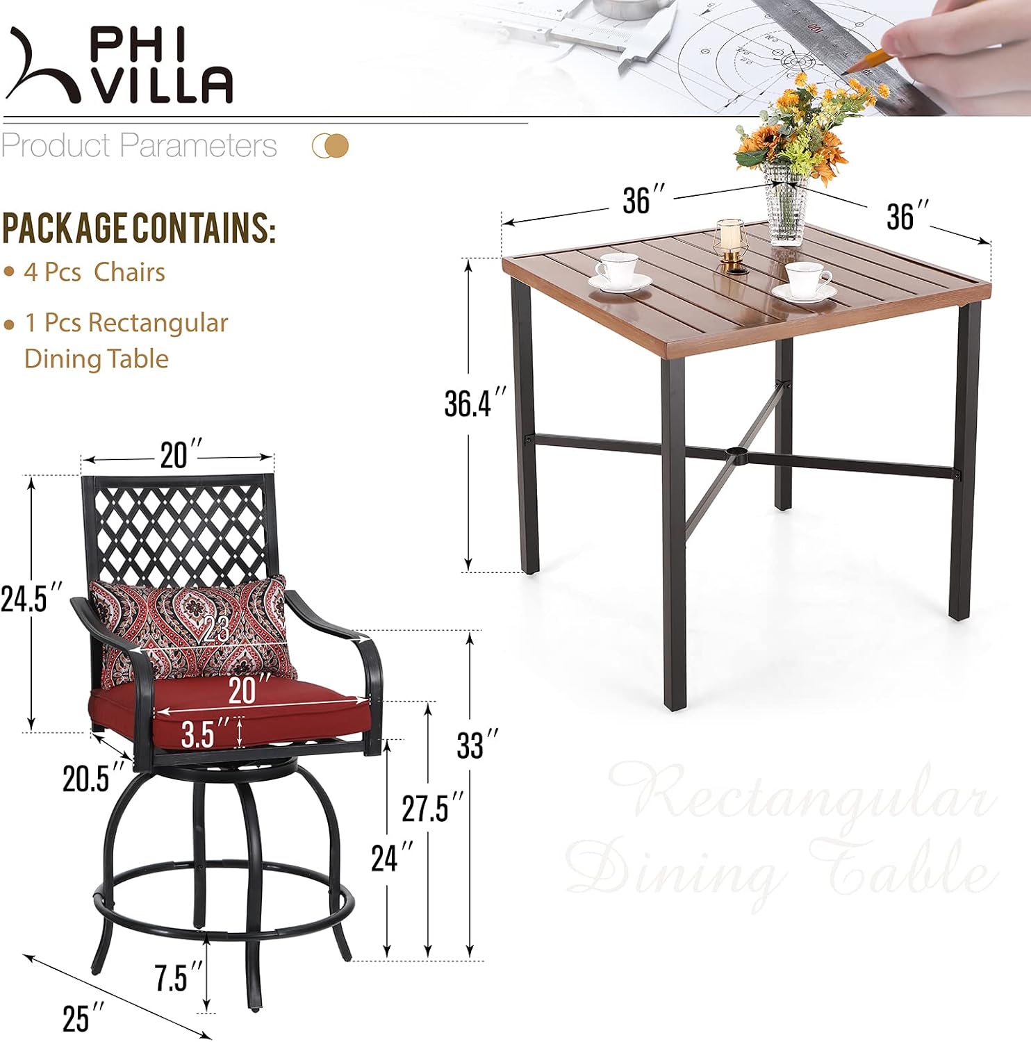 PHI VILLA 5 pcs Outdoor Bar Set, Outdoor Swivel Bar Stool with Red Seat Cushion and Lumbar Support,Extra Large Metal Bar Table with Umbrella Hole for Poolside Garden