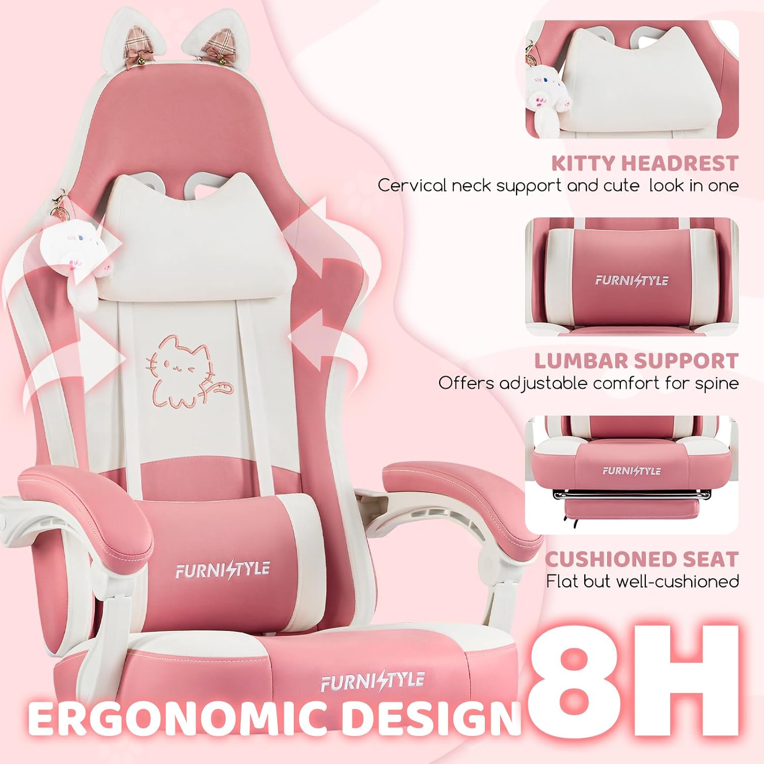 Gaming Chair, Pink Video Game Chairs for Adults with Cat Ears Pocket Spring Cushion Massage Lumbar Support & Headrest, Ringing Accessories Cute Leather Ergonomic Computer Chair for Girls, Pink/White