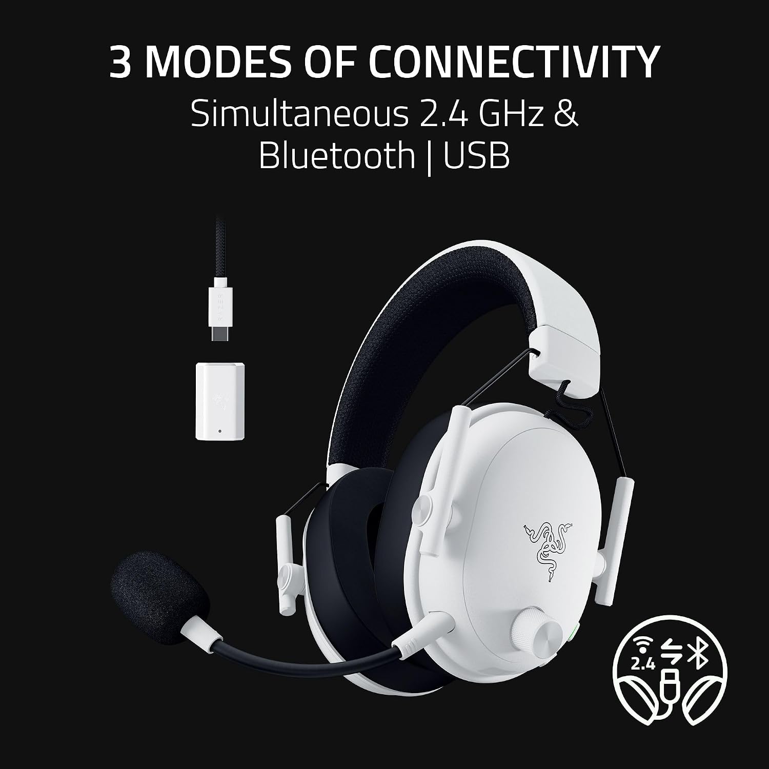 Razer BlackShark V3 Wireless Gaming Headset for PC: 50mm Drivers - Super Wideband Mic - 2.4 GHz, Bluetooth, USB - Works with Mac, PS5, Nintendo Switch, Smartphone - 70 Hr Battery - White
