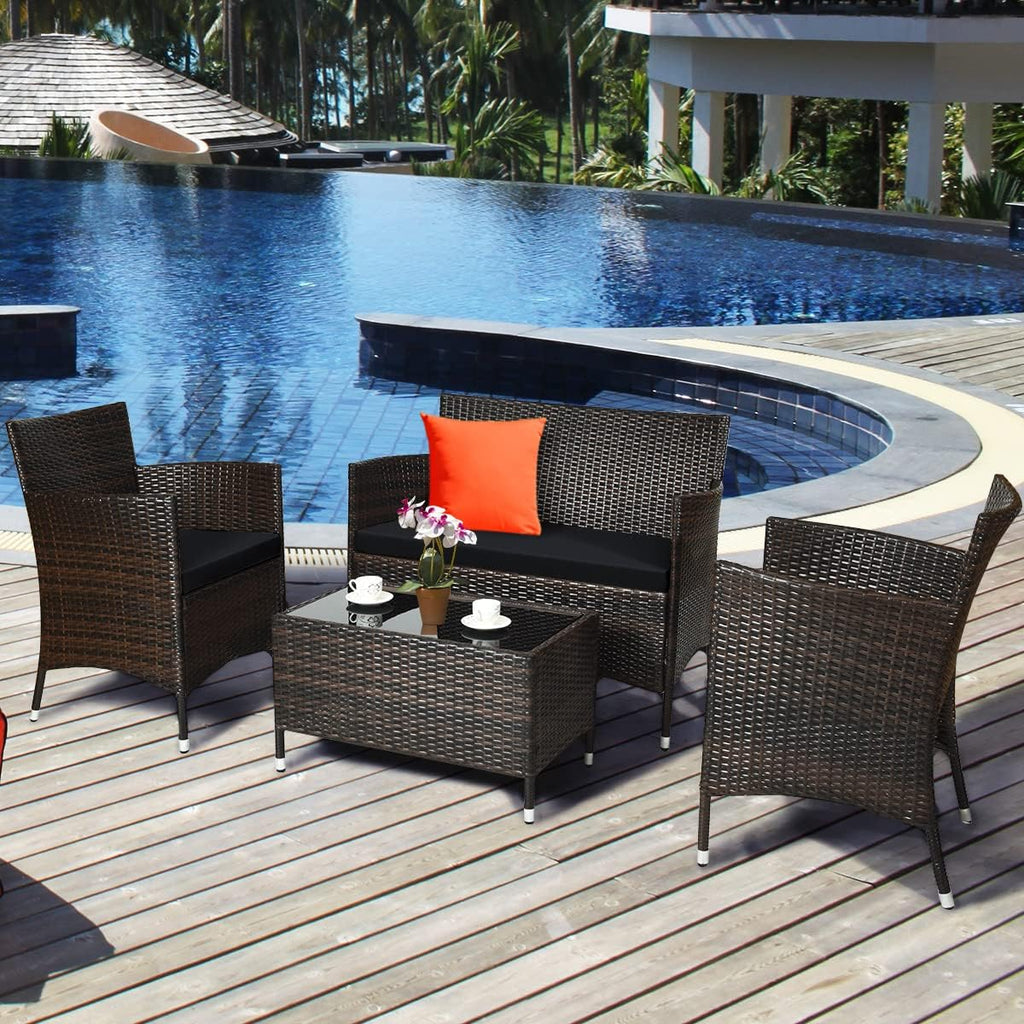 COSTWAY 4PCS Rattan Patio Furniture Set, Outdoor Wicker Rattan Chairs with Coffee Table, Rattan Cushioned Conversation Set for Backyard Balcony Porch Poolside, Black