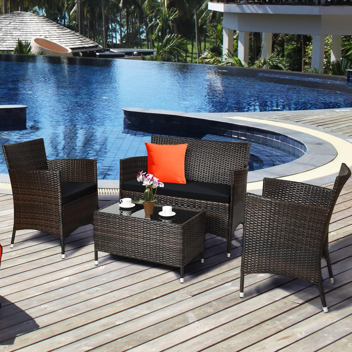 COSTWAY 4PCS Rattan Patio Furniture Set, Outdoor Wicker Rattan Chairs with Coffee Table, Rattan Cushioned Conversation Set for Backyard Balcony Porch Poolside, Black