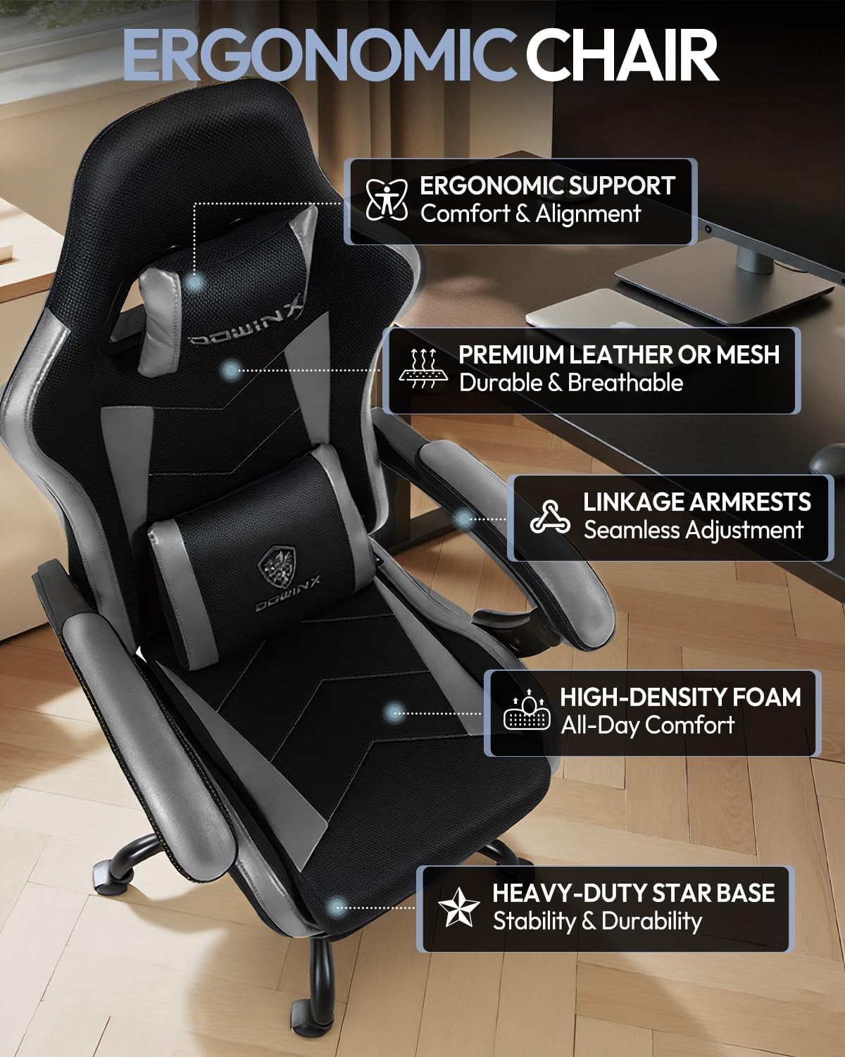 Gaming Chair with Footrest, Ergonomic 330lbs Leather Mesh Chair, Massage Lumbar Support, Adjustable Height & Headrest Pillow, Breathable Seat for Office, Home, Streaming, Long Gaming Sessions, Onyx