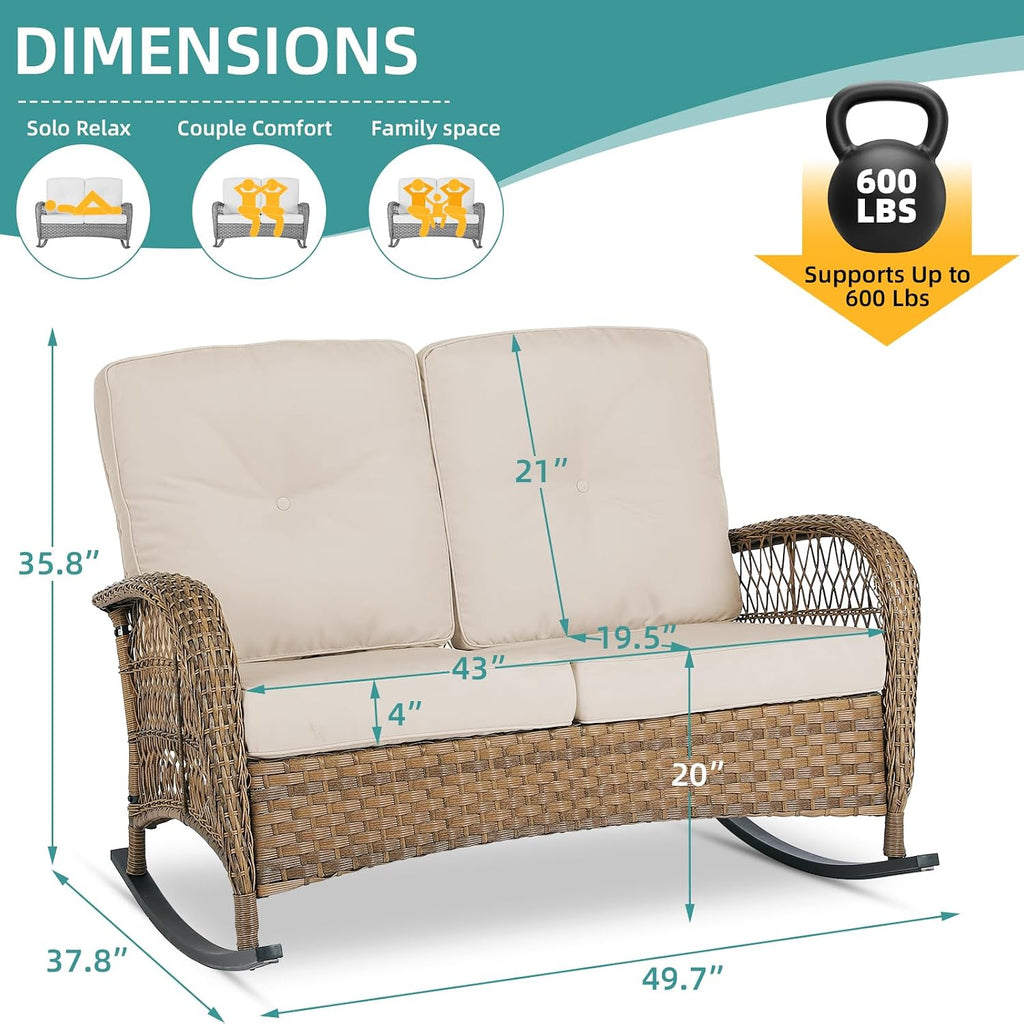 MEETWARM Double Rocking Chair, Oversized Outdoor Rocking Chair for 2 Person, Large Wide Wicker Patio Loveseat with Thick Cushion, All-Weather Rattan Comfy Loveseat Rocker for Patio Porch Deck, Brown