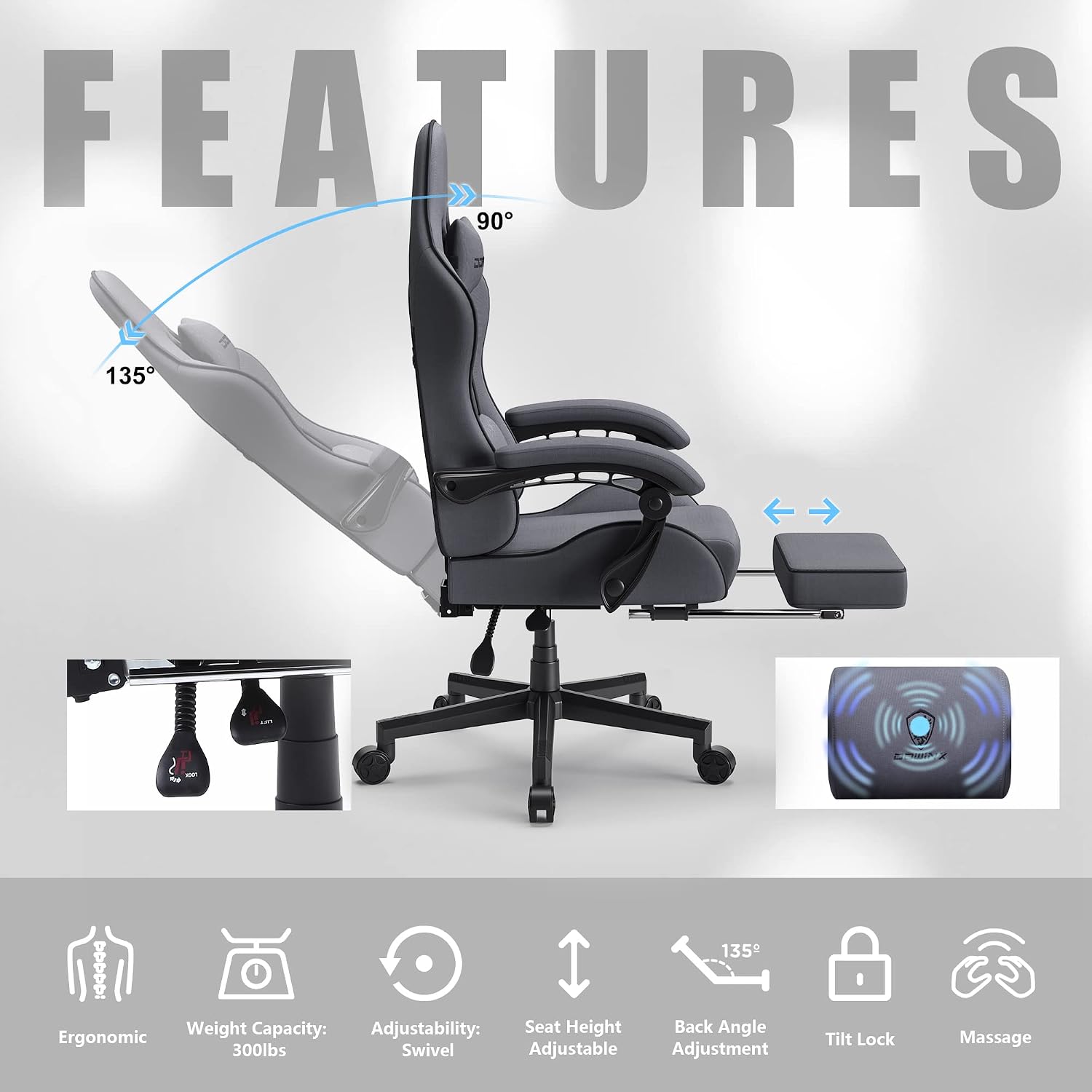 Dowinx Gaming Chair with Pocket Spring Cushion, Computer Office Game Chair, Linkage Armrests and Footrest, High Back Ergonomic Computer Chair with Lumbar Support Task Chair with Footrest(Grey)