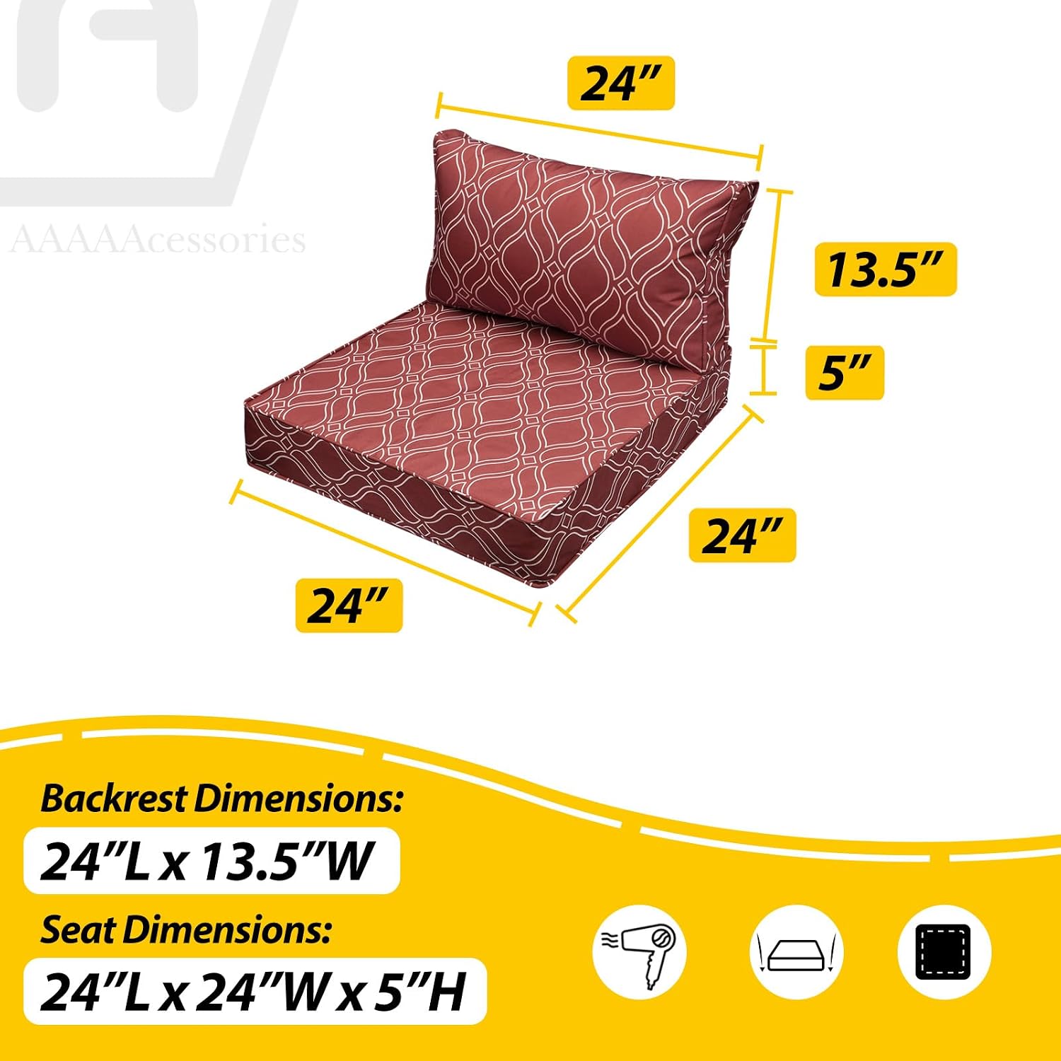 AAAAAcessories Outdoor Seat Cushions for Chairs, Fade-Resistant, Waterproof Patio Furniture Replacement Cushions, 24' x 24' x 5' + 24' x 13.5', Set of 4, Clay Red Vine Trellis