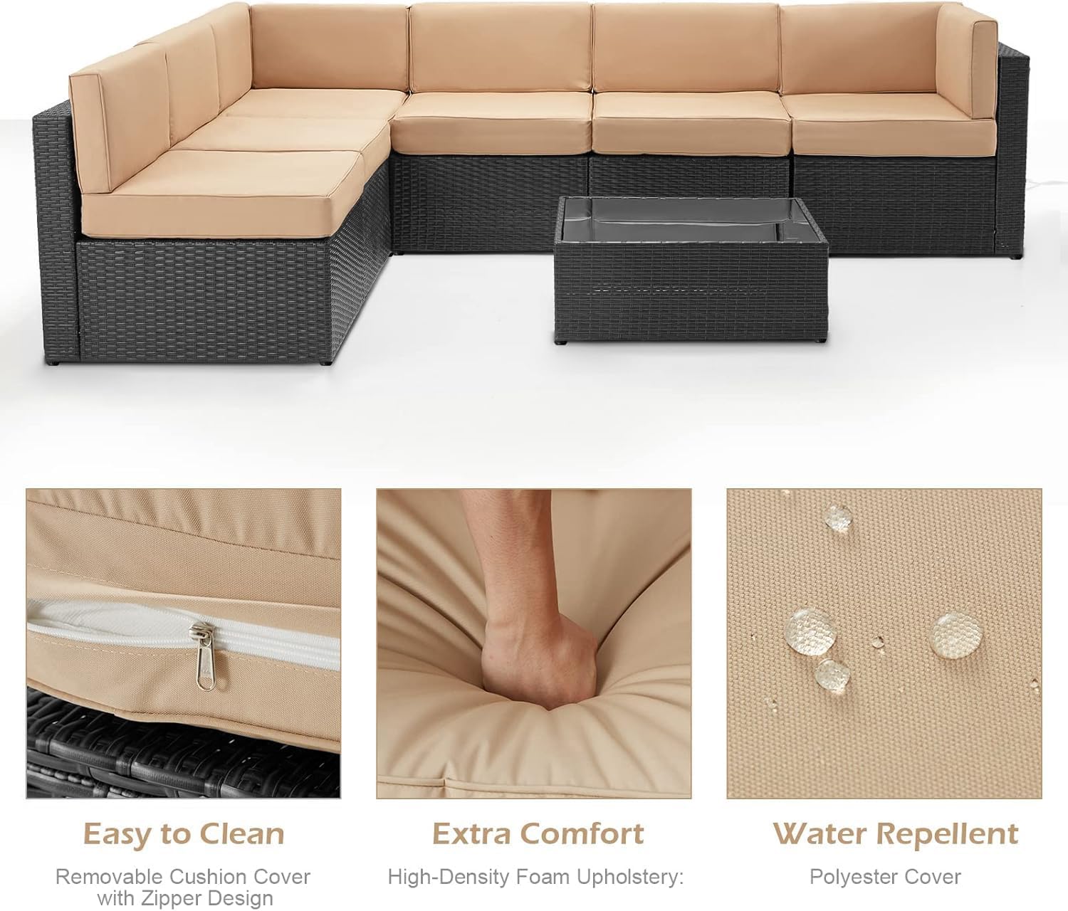 U-MAX 7 Piece Outdoor Patio Furniture Set, PE Rattan Patio Wicker Sectional Furniture Chair Set with Cushions and Tea Table, (Black Rattan&Beige Cushion)