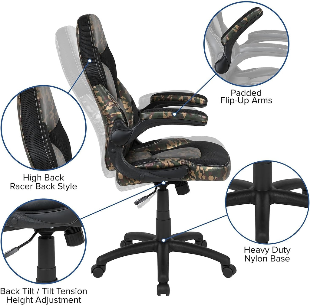 Flash Furniture X10 Gaming Chair Racing Office Ergonomic Computer PC Adjustable Swivel Chair with Flip-up Arms, Camouflage/Black LeatherSoft