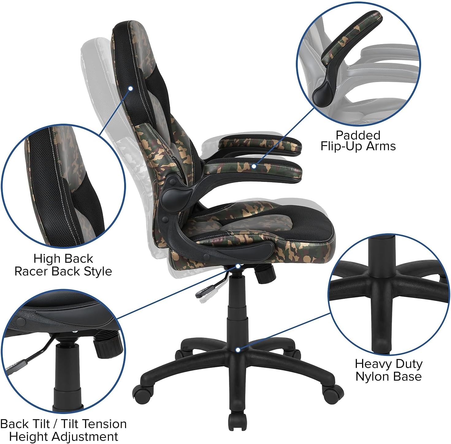 Flash Furniture X10 Gaming Chair Racing Office Ergonomic Computer PC Adjustable Swivel Chair with Flip-up Arms, Camouflage/Black LeatherSoft