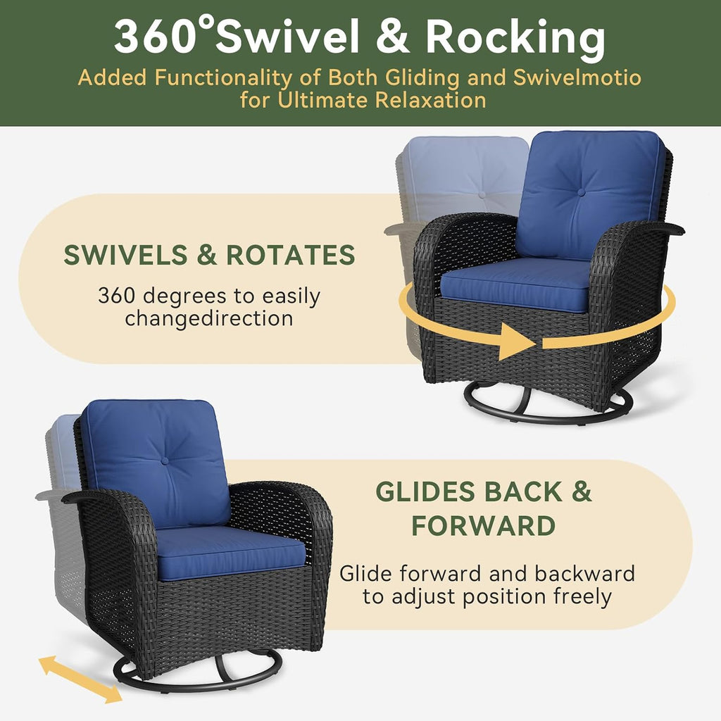 Aoxun 3 Pieces Patio Furniture Set, Patio Swivel Rocker Chairs Set of 2, Wicker Outdoor Bistro Set with Rocking Chair, Thickened Cushions and Table for Porch (Navy Blue)