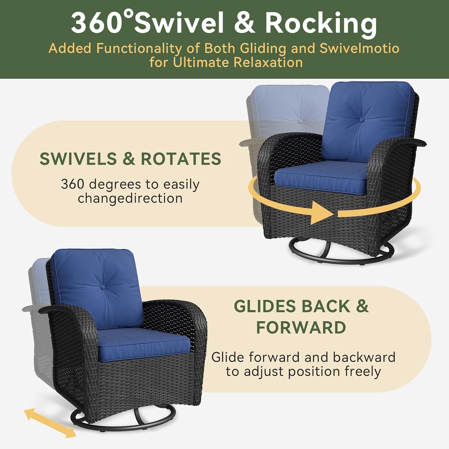 Aoxun 3 Pieces Patio Furniture Set, Patio Swivel Rocker Chairs Set of 2, Wicker Outdoor Bistro Set with Rocking Chair, Thickened Cushions and Table for Porch (Navy Blue)