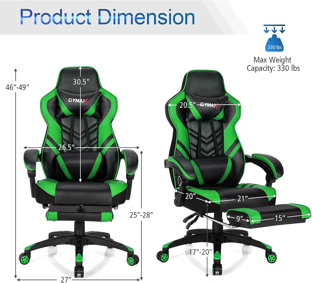 GYMAX Gaming Chair, Ergonomic Computer Chair with Footrest, Linkage Armrests & Lumbar Cushion, Big Wide High Back Video Gaming Chair, Reclining Office Rolling Chair for Adult/Teens (Green)