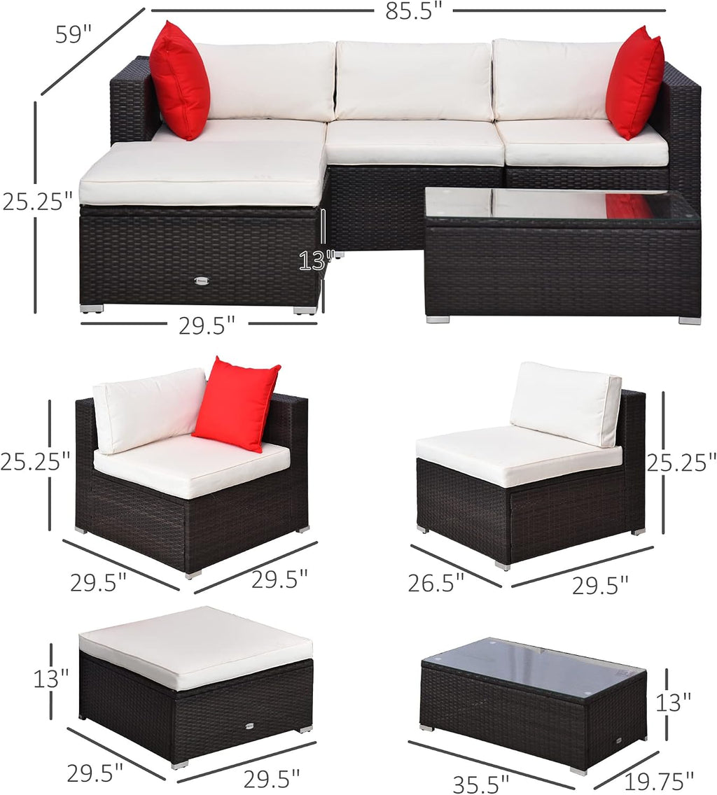 Outsunny 5-Piece Patio Furniture Set with Cushions, Outdoor PE Rattan Wicker Sofa Set, Sectional Furniture with Pillows, Glass Coffee Table for Garden, Backyard, Brown/Cream White