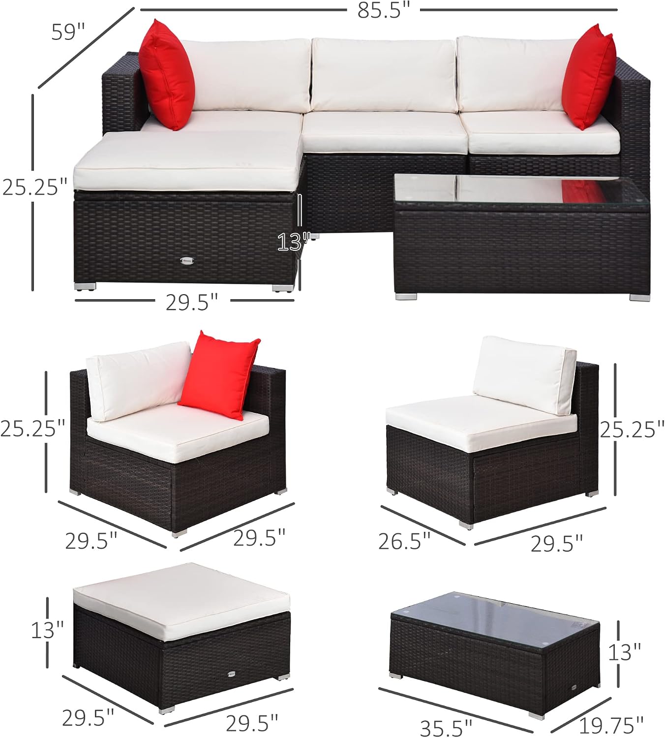 Outsunny 5-Piece Patio Furniture Set with Cushions, Outdoor PE Rattan Wicker Sofa Set, Sectional Furniture with Pillows, Glass Coffee Table for Garden, Backyard, Brown/Cream White
