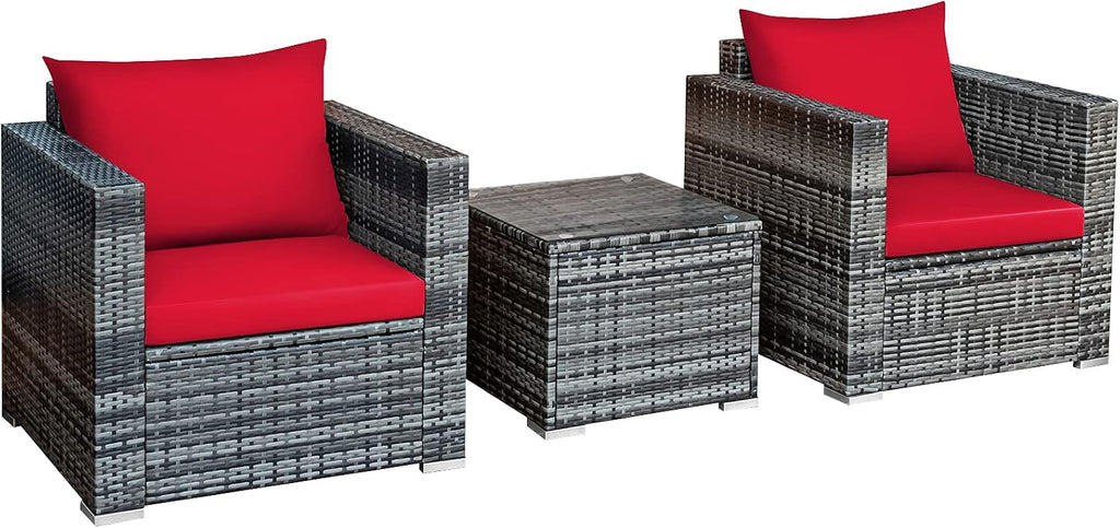 Tangkula 3 Pieces Patio Furniture Set, PE Rattan Wicker Sofa Set w/Washable Cushion and Tempered Glass Tabletop, Outdoor Conversation Furniture for Garden Poolside Backyard