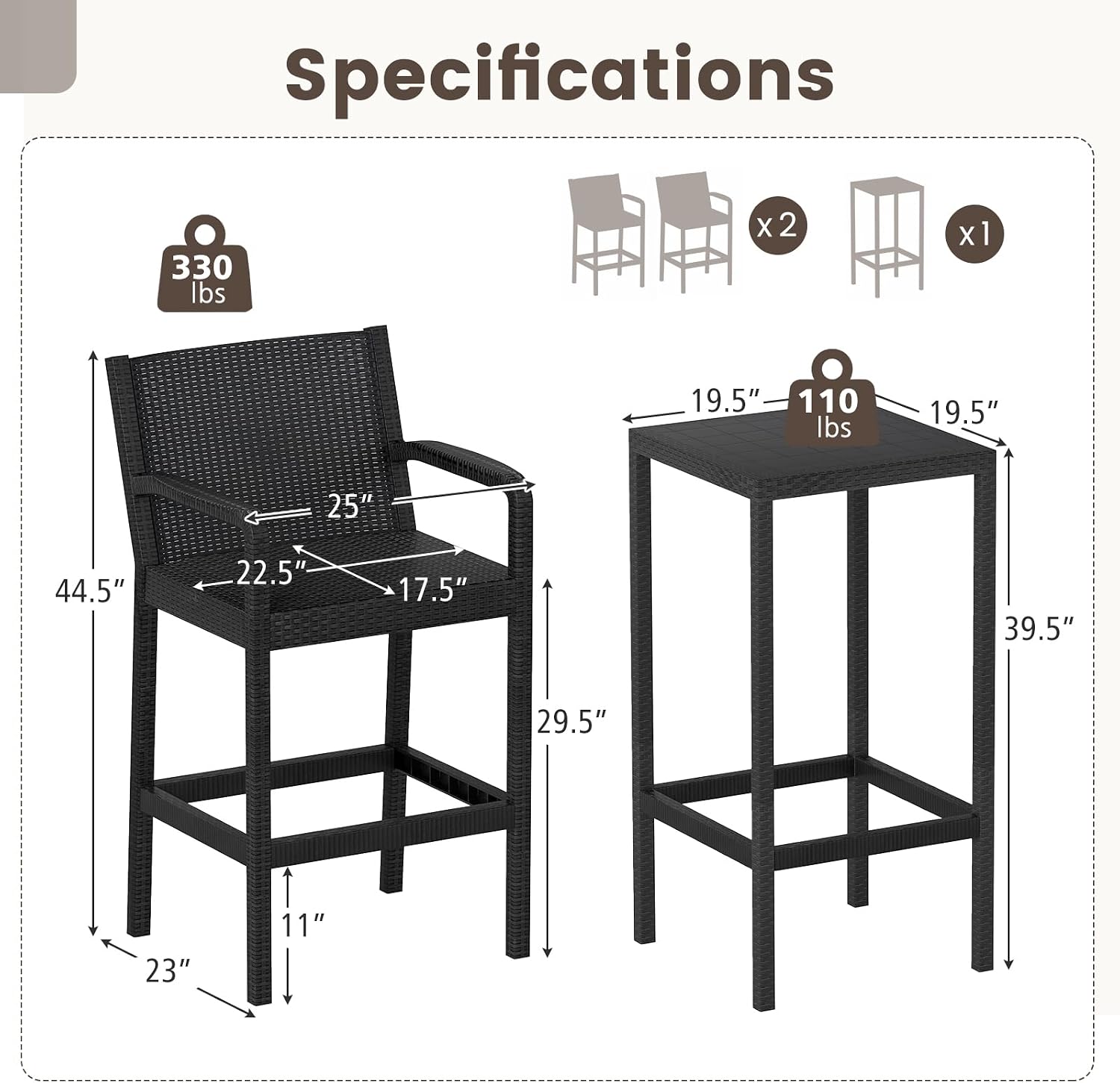 COSTWAY 3 Pieces Patio Bar Set, Modern Outdoor Bistro Set with 2 Chairs and 1 Square Bar Table, Curved Backrest and Armrests, Metal Frame, for Garden, Balcony, Poolside, Black