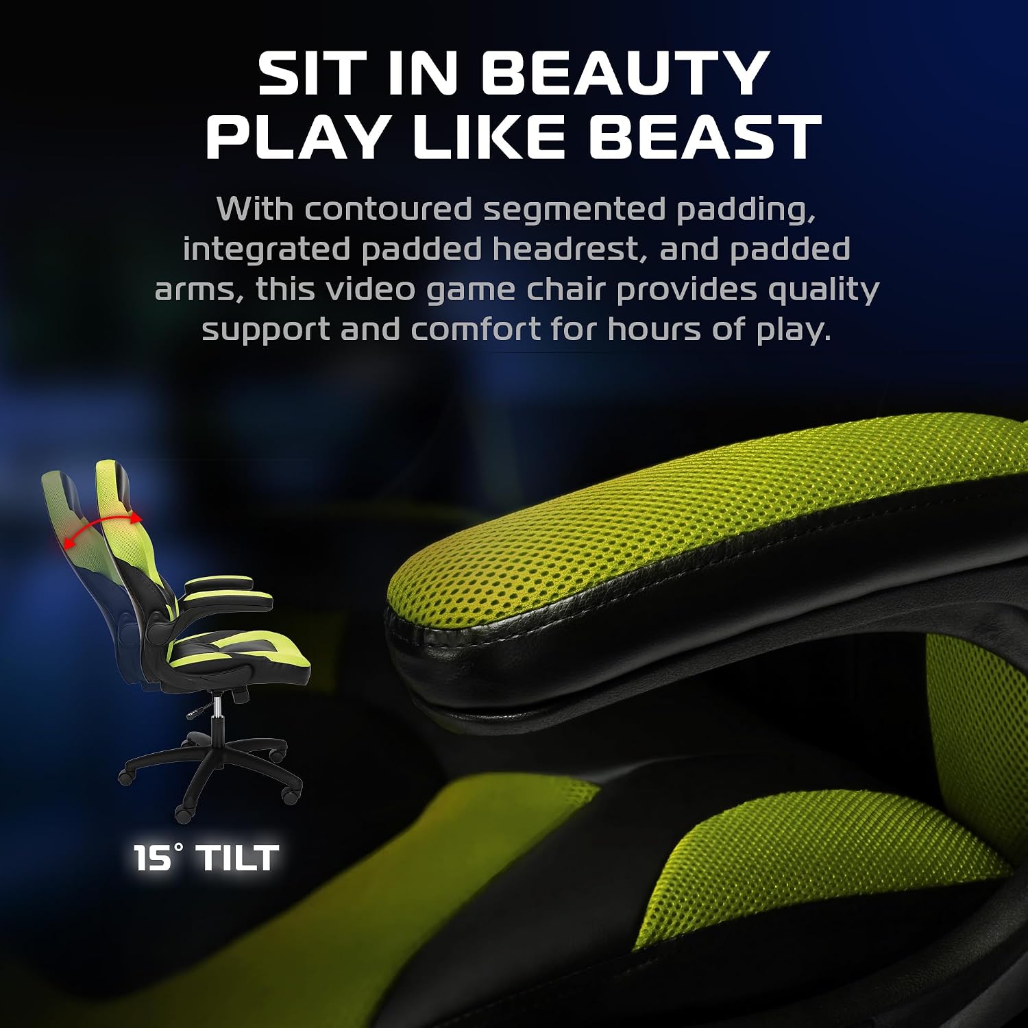 RESPAWN 3085 Ergonomic Gaming Chair for Adults, High Back Office Chair with Headrest and Flip Up Arms, Leather Racing Style Gaming Seat with Lumbar Support, Video Game Computer Desk Seat - Green