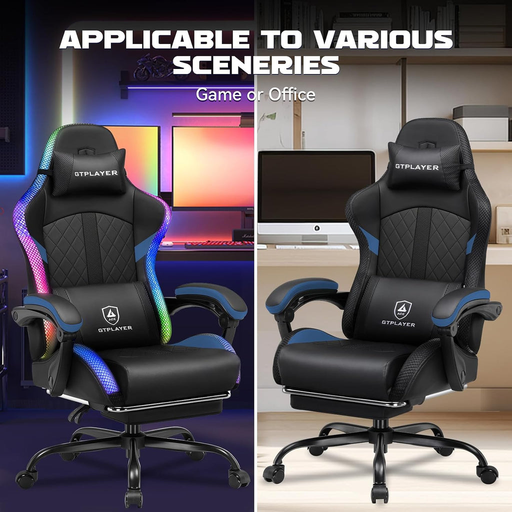 GTPLAYER RGB Gaming Chair with Speakers - LED Computer Game Chair for Adults, PC Home Office Chairs with Footrest & Lights, Reclining Desk Chairs, Dark Blue