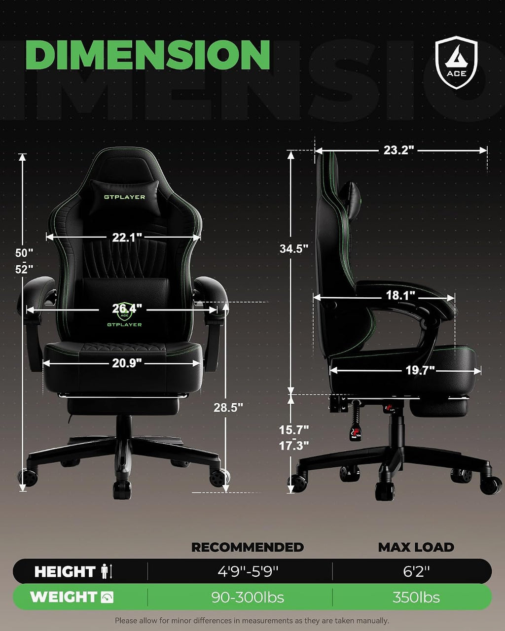 GTPLAYER Gaming Chair for Adults, Ergonomic Video Game Chairs, Footrest & Linkage Armrest, Reclining High Back Silla Gamer with Wider Seat for Home Office, Ace Pro, Black & Green