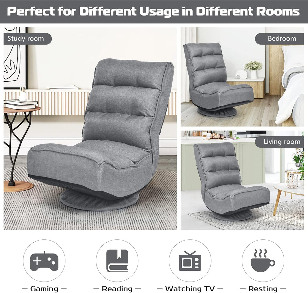 COSTWAY Folding Floor Chair, Adjustable 5-Position Video Gaming Chair with 360 Degree Swivel, Detachable Cover, Padded Backrest, Multipurpose Living Room Floor Lounger for TV, Reading, Playing (Grey)