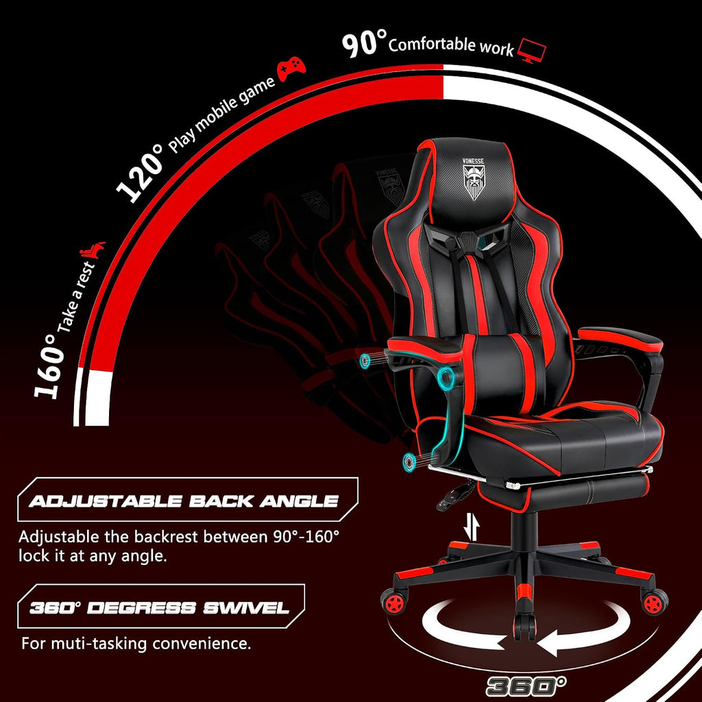 Vonesse Gaming Chair for Adults, Reclining Gaming Chairs with Footrest and Massage, Computer Gaming Chair for Heavy People,Ergonomic Gamer Chair Big and Tall (Red/Black)