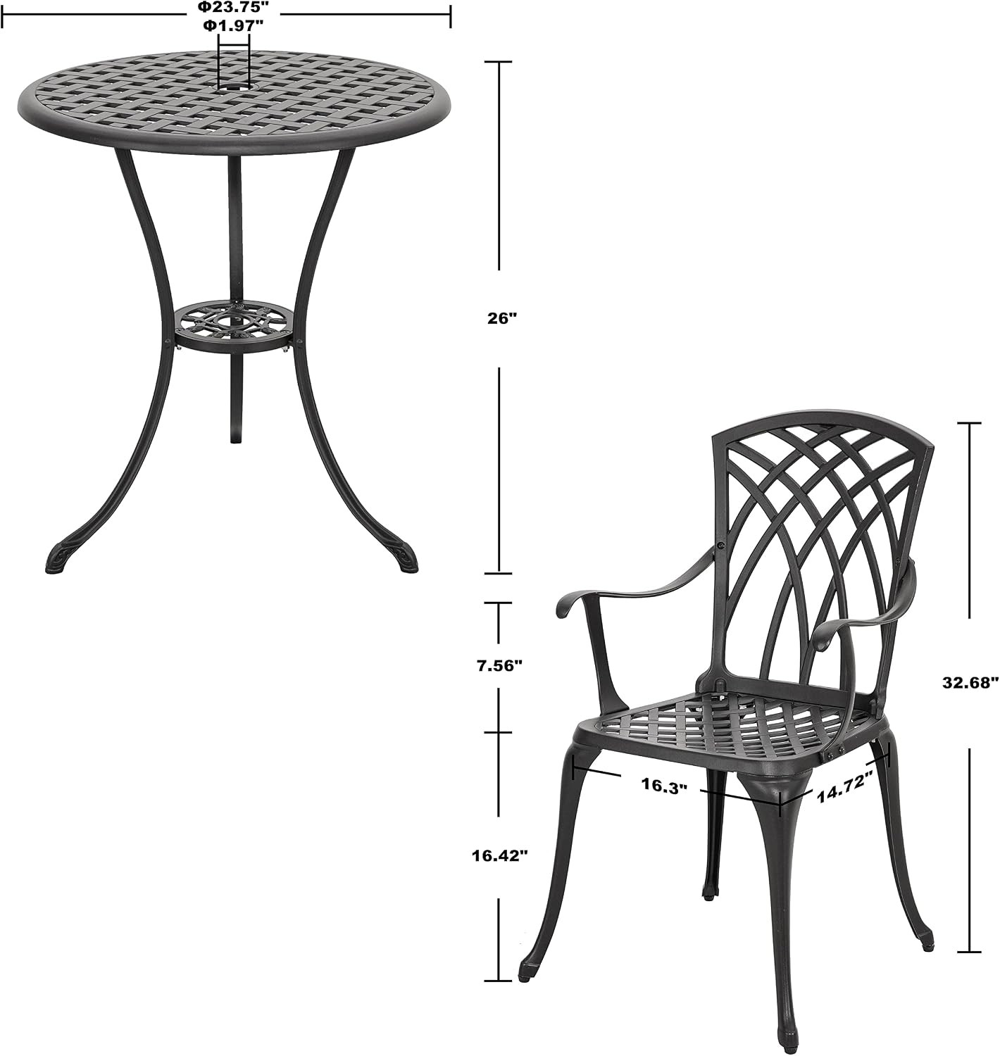 NUU GARDEN Patio Bistro Sets 3 Piece Cast Aluminum Bistro Table and Chairs Set with Umbrella Hole Bistro Set of 2 for Patio Backyard, Black