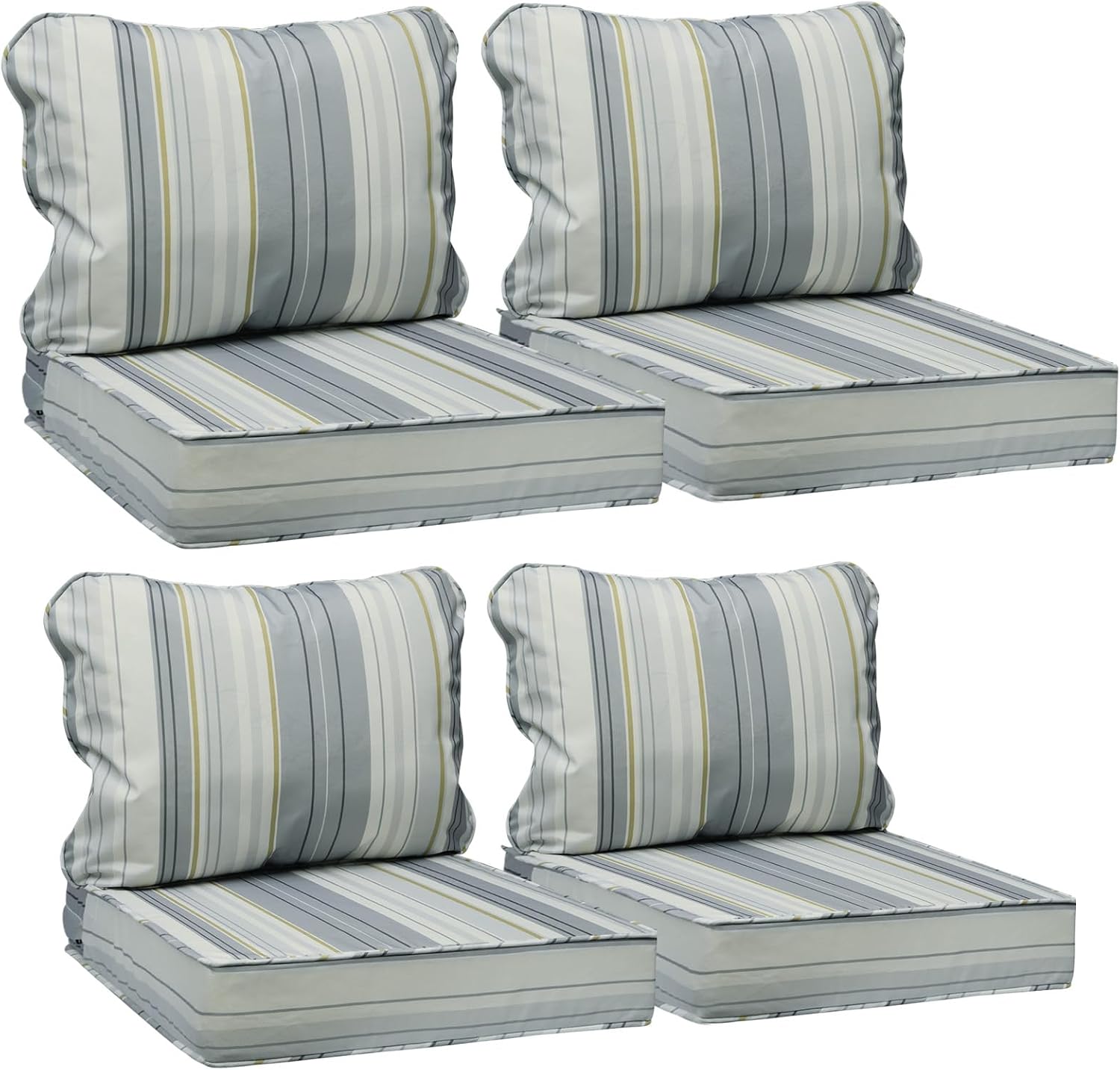 AAAAAcessories Outdoor Seat Cushions for Chairs, Fade-Resistant, Waterproof Patio Furniture Replacement Cushions, 25.5' x 25.5' x 5' + 25.5' x 19', Set of 4, Ash Blue Harbor Stripe