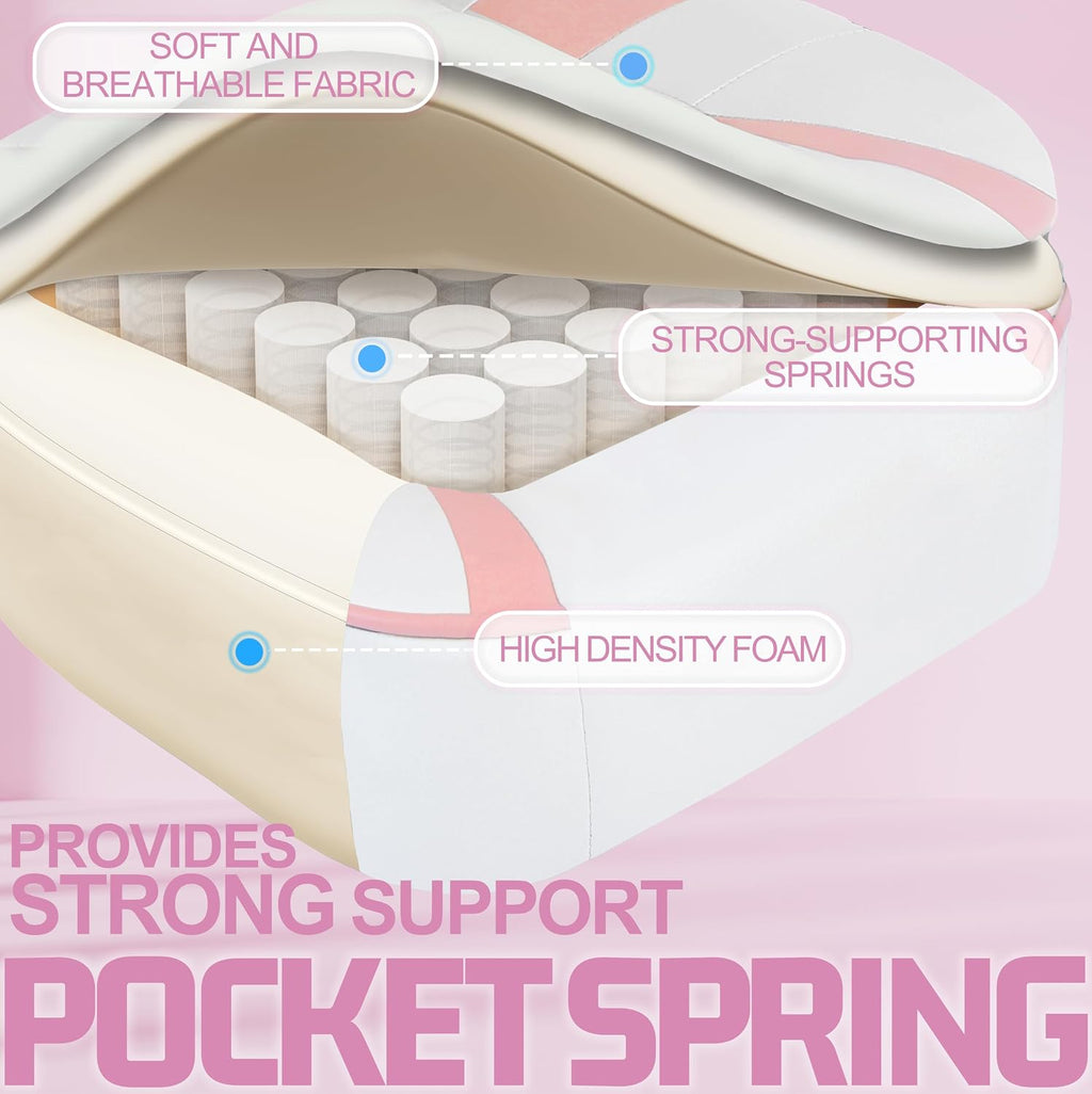 Vonesse Pink Gaming Chair, Big and Tall Gaming Chair with Footrest and Massage, Gaming Chairs for Adults with Lumbar Support, Ergonomic High Back Computer Chair with Pocket Spring Cushion (White/Pink)