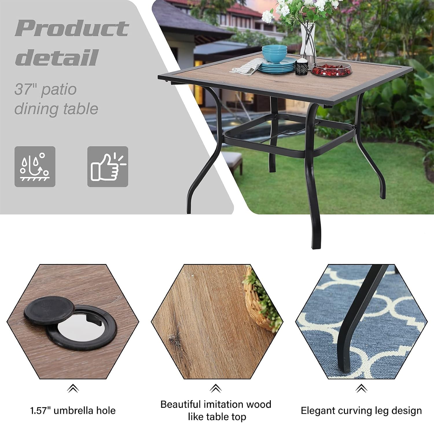 PHI VILLA 5 Piece Patio Dining Set Metal Outdoor Table and Chairs Furniture Set, 37' Square Bistro Table with Umbrella Hole and 4 Backyard Garden Chairs Support 300LBS for Deck, Lawn, Garden