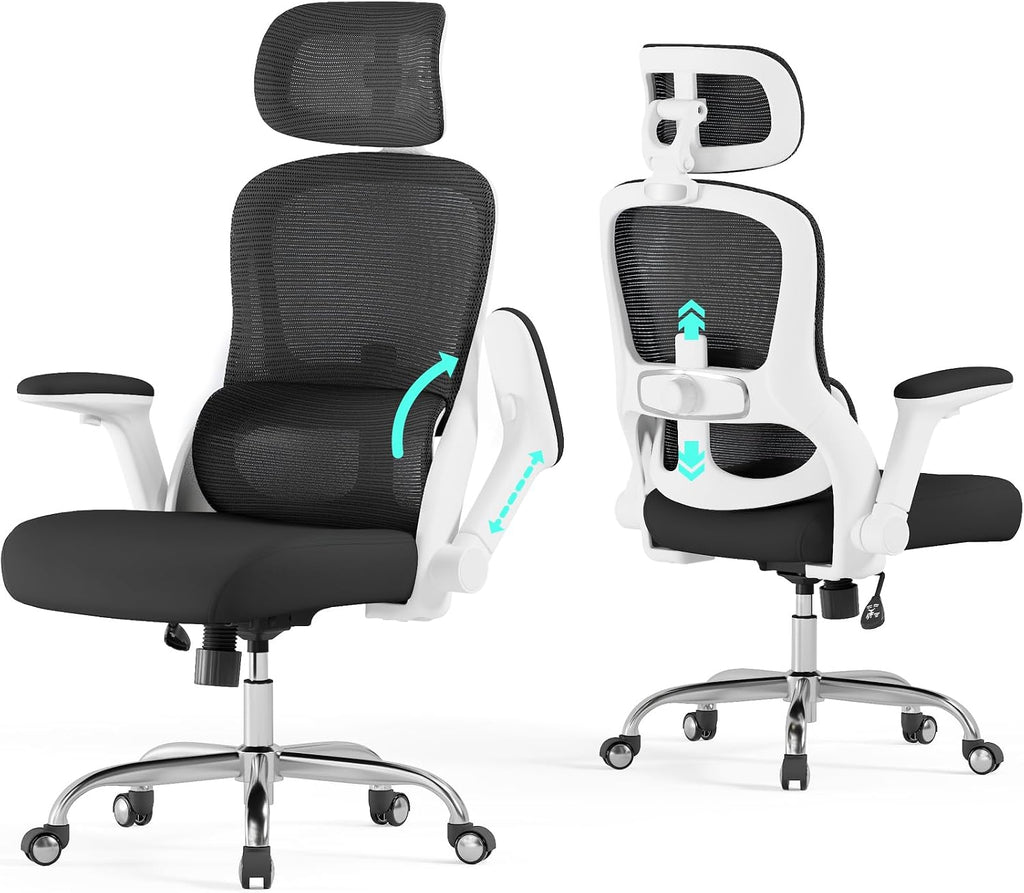 Office Chair - Ergonomic Desk Chair with Adjustable Headrest Lumbar Support Computer Chair - Mesh Comfy Chairs with Flip-up Armrests - Big and Tall Gaming Chairs for Adults Home Office(White Black)
