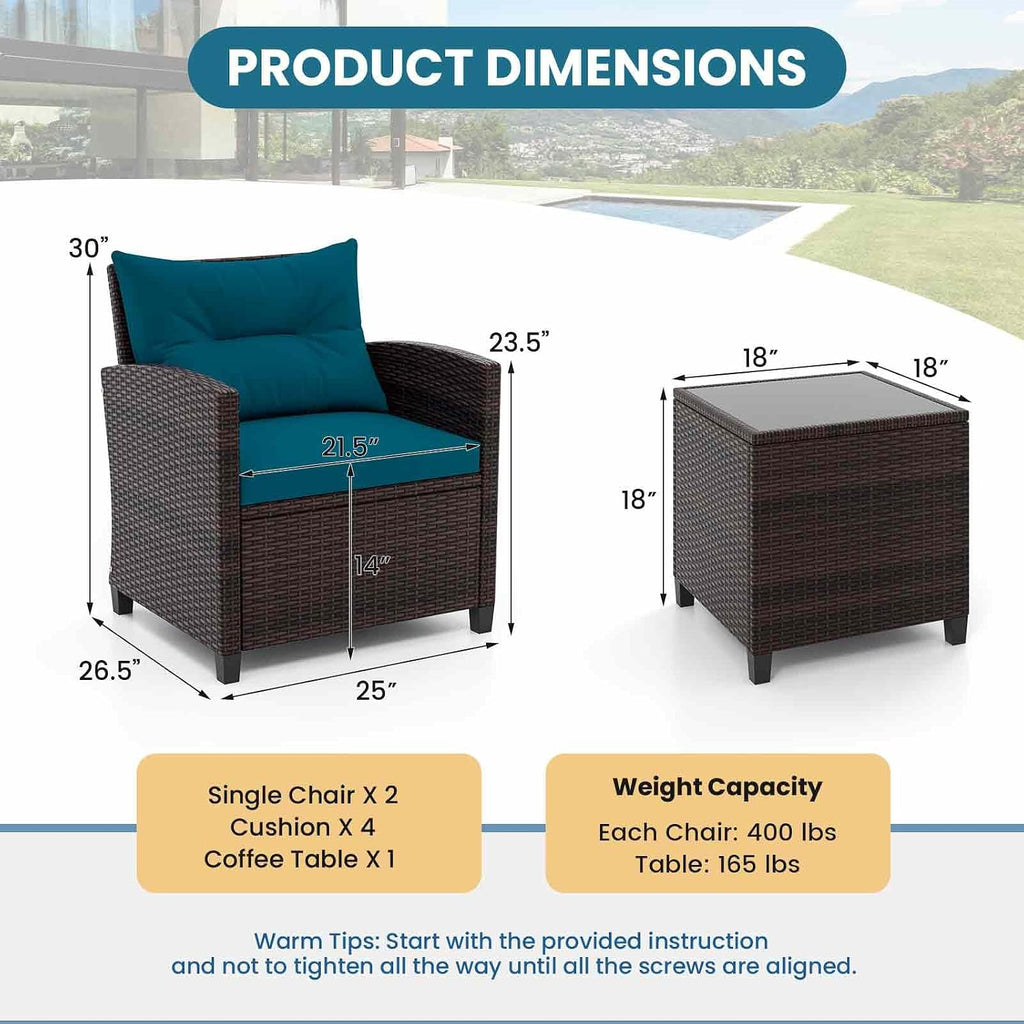 ORALNER 3 Pieces Patio Furniture Set, Outdoor Wicker Conversation Set Rattan Chairs with Cushions, Glass Coffee Table, Bistro Set for Front Porch Balcony Garden Deck Poolside (Peacock Blue)