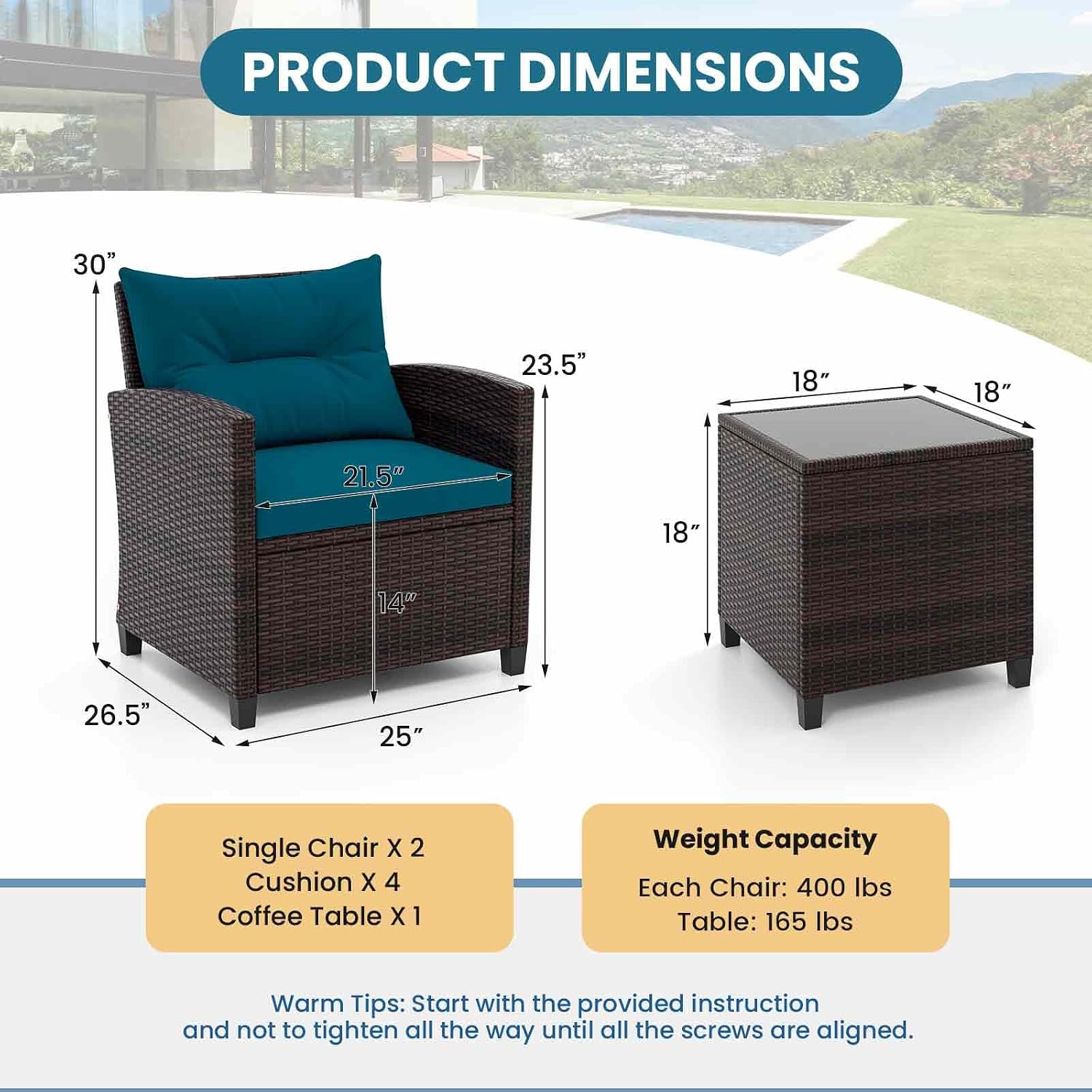 ORALNER 3 Pieces Patio Furniture Set, Outdoor Wicker Conversation Set Rattan Chairs with Cushions, Glass Coffee Table, Bistro Set for Front Porch Balcony Garden Deck Poolside (Peacock Blue)
