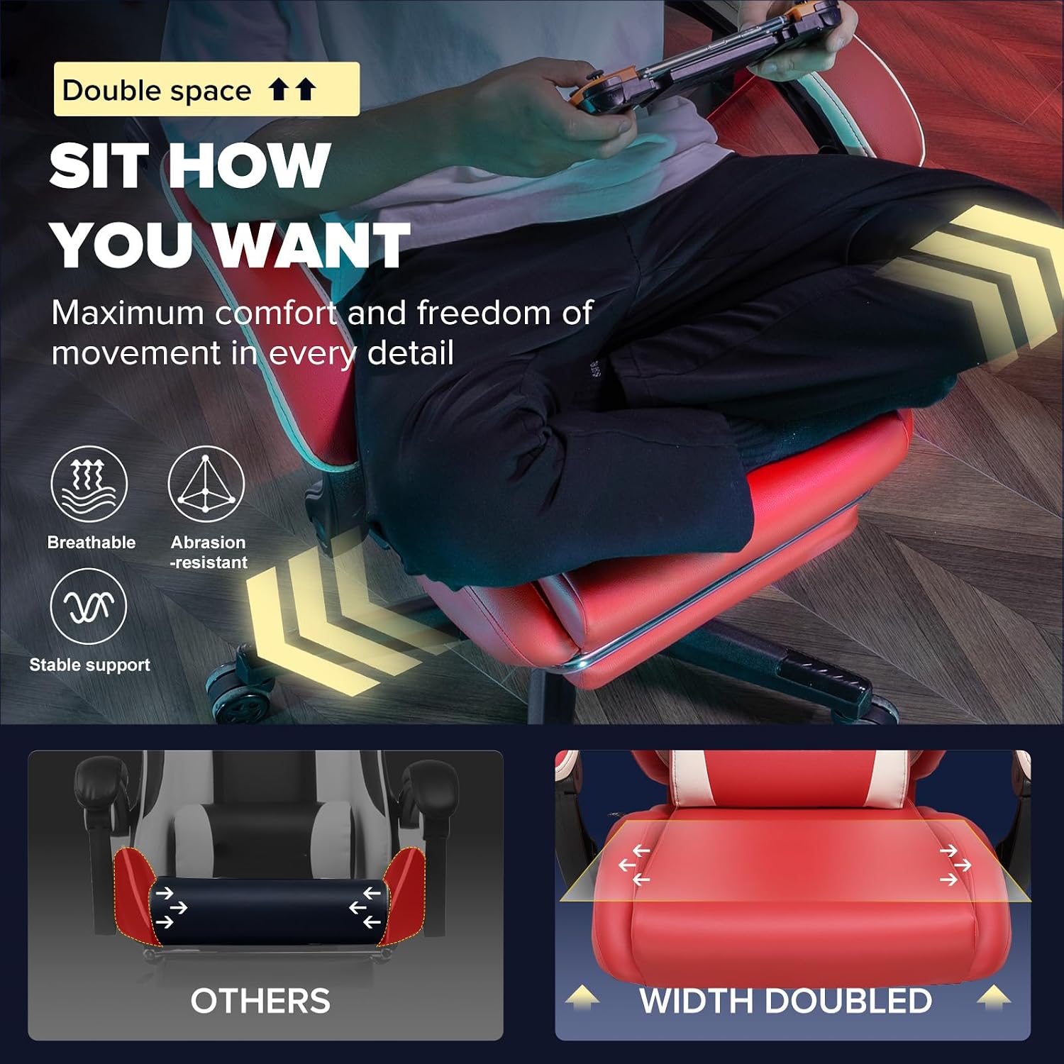 GTPLAYER Gaming Chair, Computer Office Chair Lumbar Support, Linkage Armrests and Footrest, Ergonomic Game Chair for Adults with Extended Backrest, Faux Leather, Red