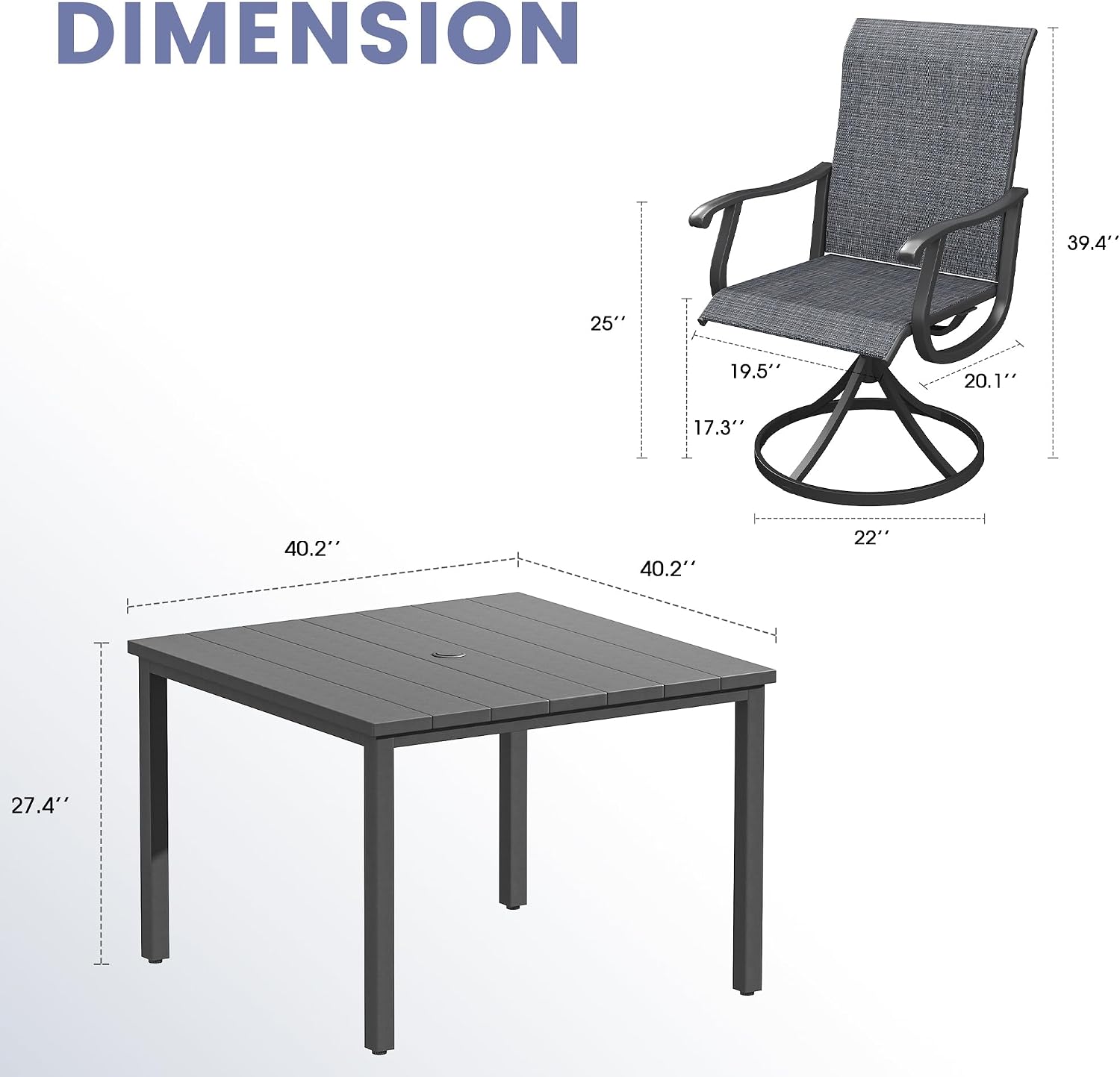 VICLLAX 5 Pieces Patio Dining Set, Patio Furniture Set of 4 Patio Swivel Dining Chairs and Square Patio Table, Dark Charcoal Chairs & Black Tabletop