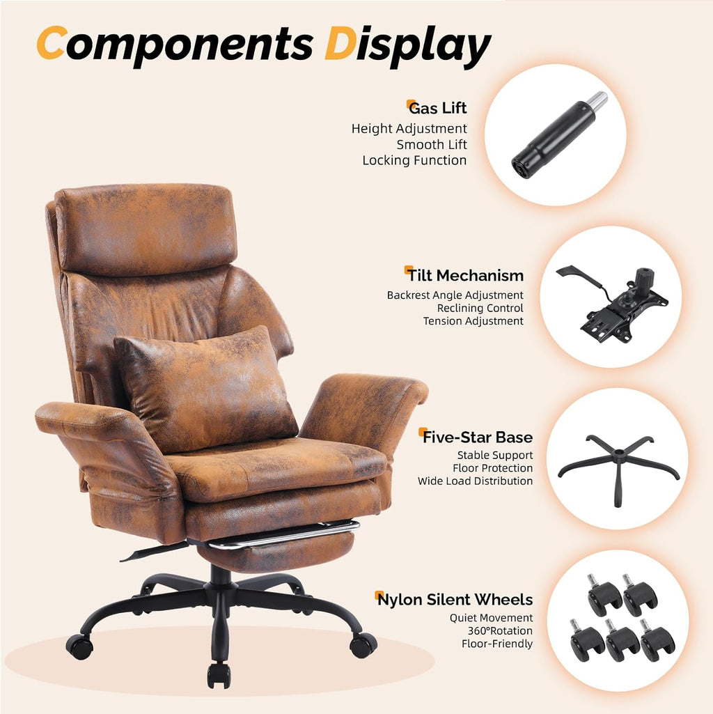 VINGLI 100-130° Reclining Tall Office Chair with Foot Rest & Adjustable Armrests, Ergonomic Criss Cross Chair with Wheels & Headrest, Comfy Wide-Seat Gamer Chair for the Heavy, Microfiber, Vintage