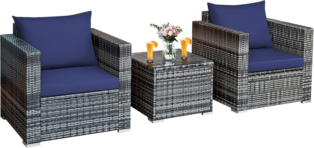COSTWAY 3-Piece Patio Furniture Set, Outdoor Wicker Rattan Sofa with Cushions and Coffee Table, Conversation Chair Set for Poolside Backyard Balcony Lawn (Navy)