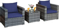 COSTWAY 3-Piece Patio Furniture Set, Outdoor Wicker Rattan Sofa with Cushions and Coffee Table, Conversation Chair Set for Poolside Backyard Balcony Lawn (Navy)