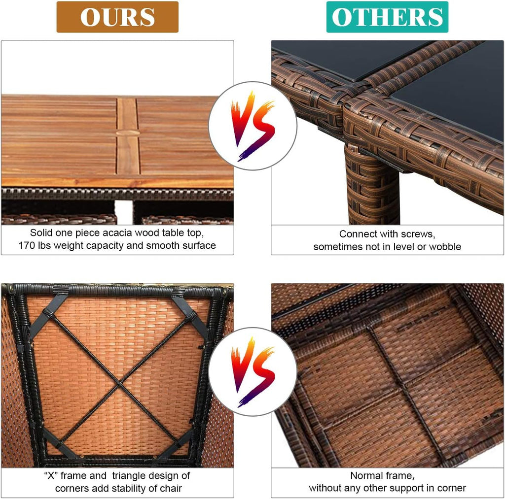 Tangkula 9 Pieces Acacia Wood Patio Dining Set, Space Saving Wicker Chairs and Wood Table with Umbrella Hole Outdoor Furniture Set, Suitable for Garden, Yard, Poolside, Outdoor Seating Set