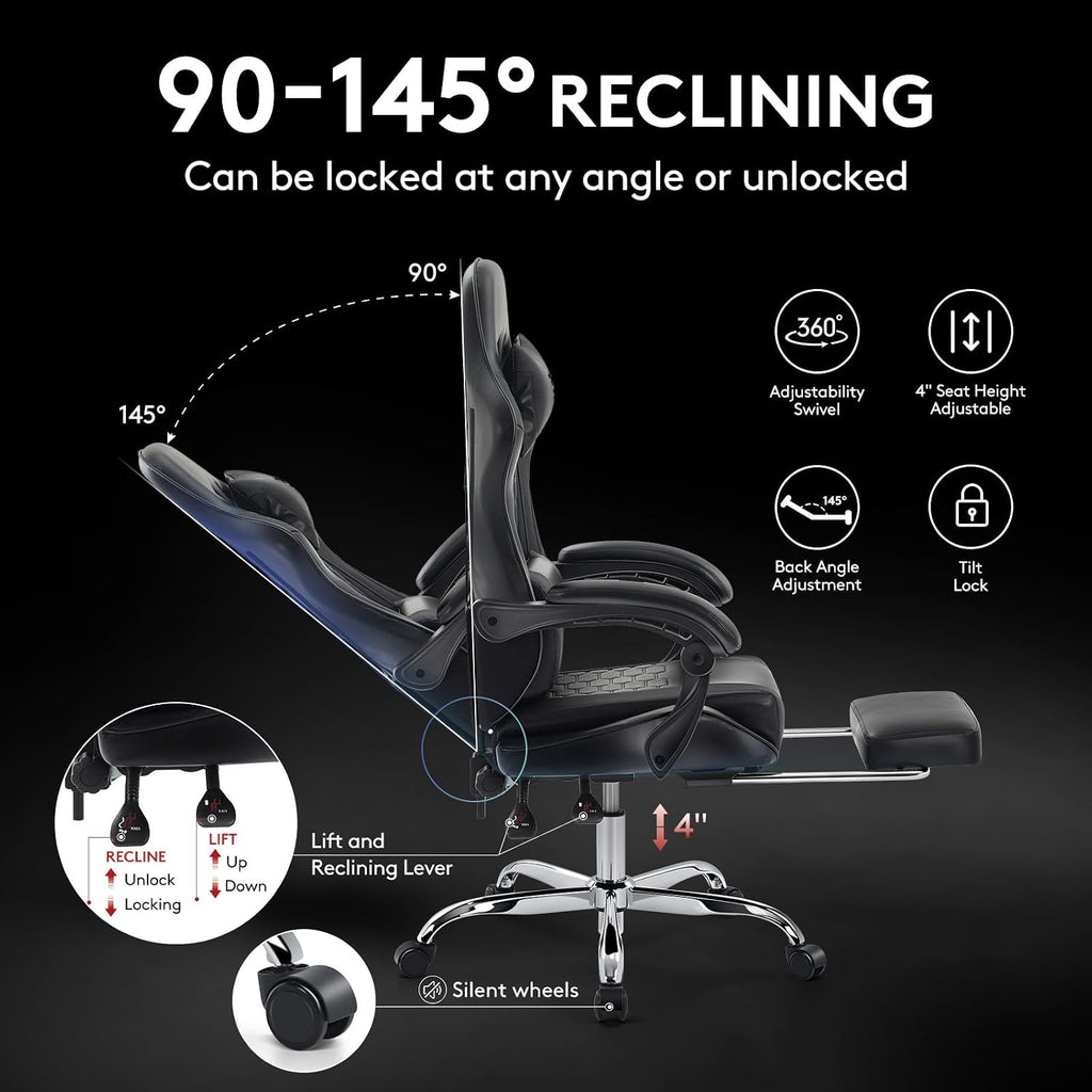 Gaming Chair,Computer Office Chair with Footrest,Massage Lumbar Support and Gel Pad,Ergonomic Reclining Adjustable Leather Gamer Chair with Headrest and Spring Cushion Black