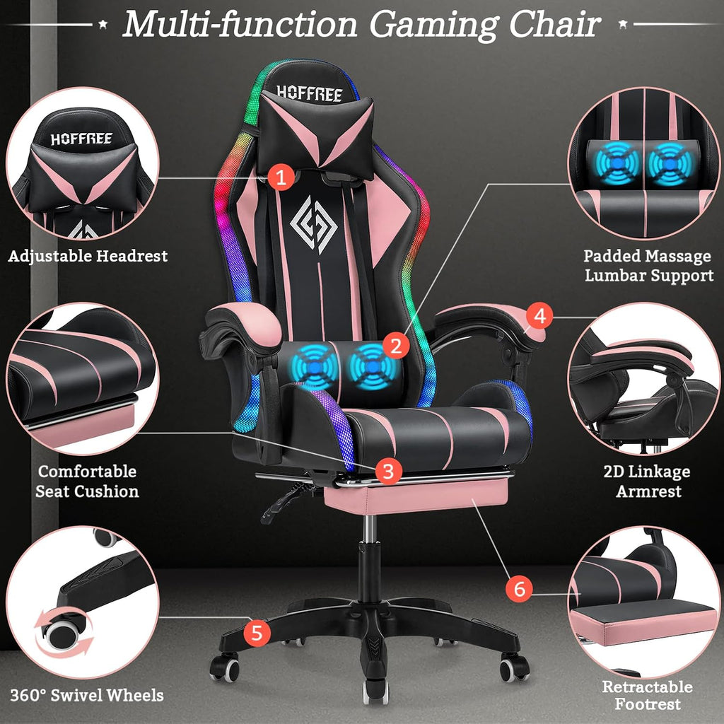 HOFFREE Pink Gaming Chair with Speakers and Led Lights Massage Video Game Chair with Footrest for Girls Reclining Computer Gaming Chair